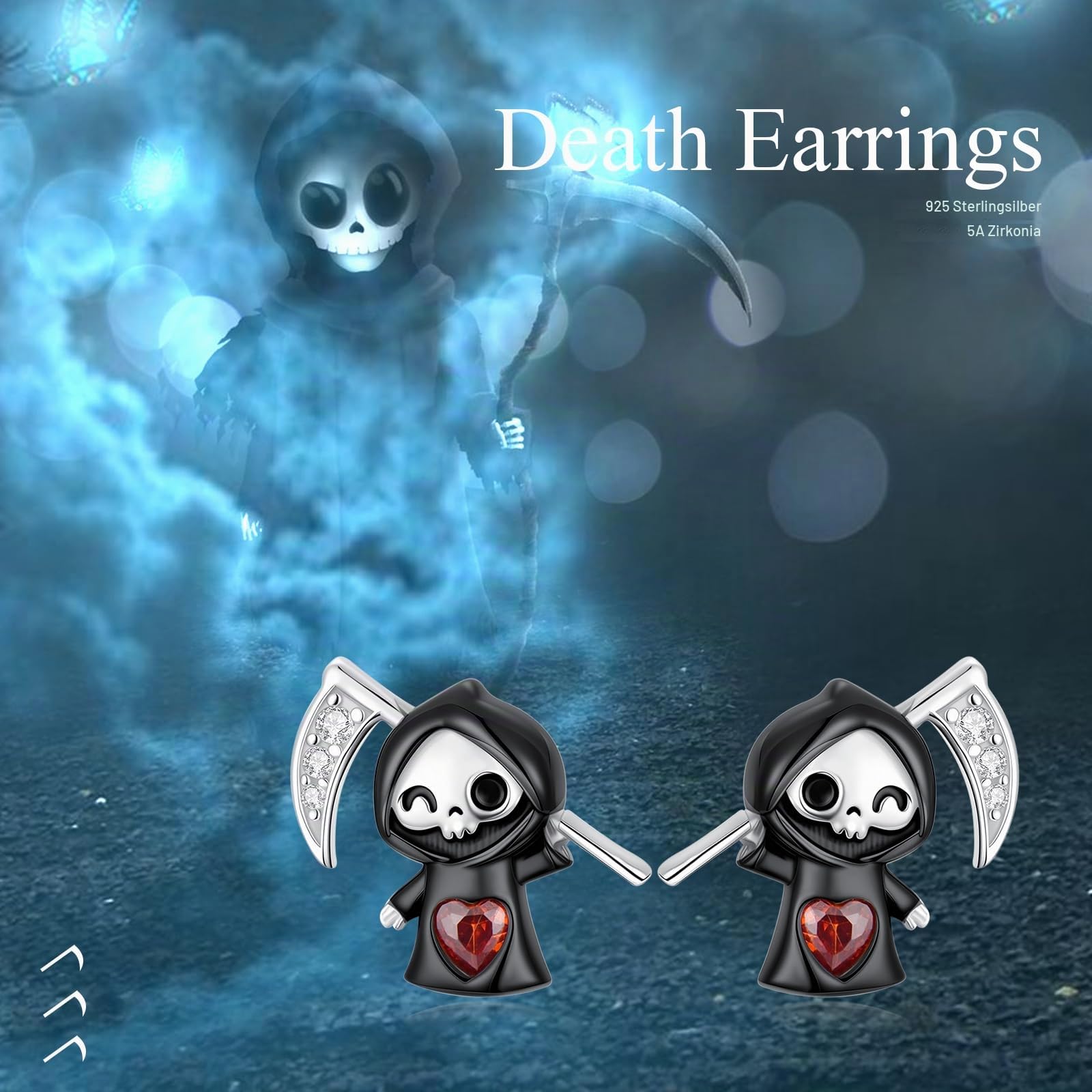 Reaper Ohrringe 925 Sterling Silber Schwarze Sensenmann Ohrringe Kleine Skelett Ohrstecker Halloween Gothic Sensenmann Schmuck Party Geschenk für Damen Männer