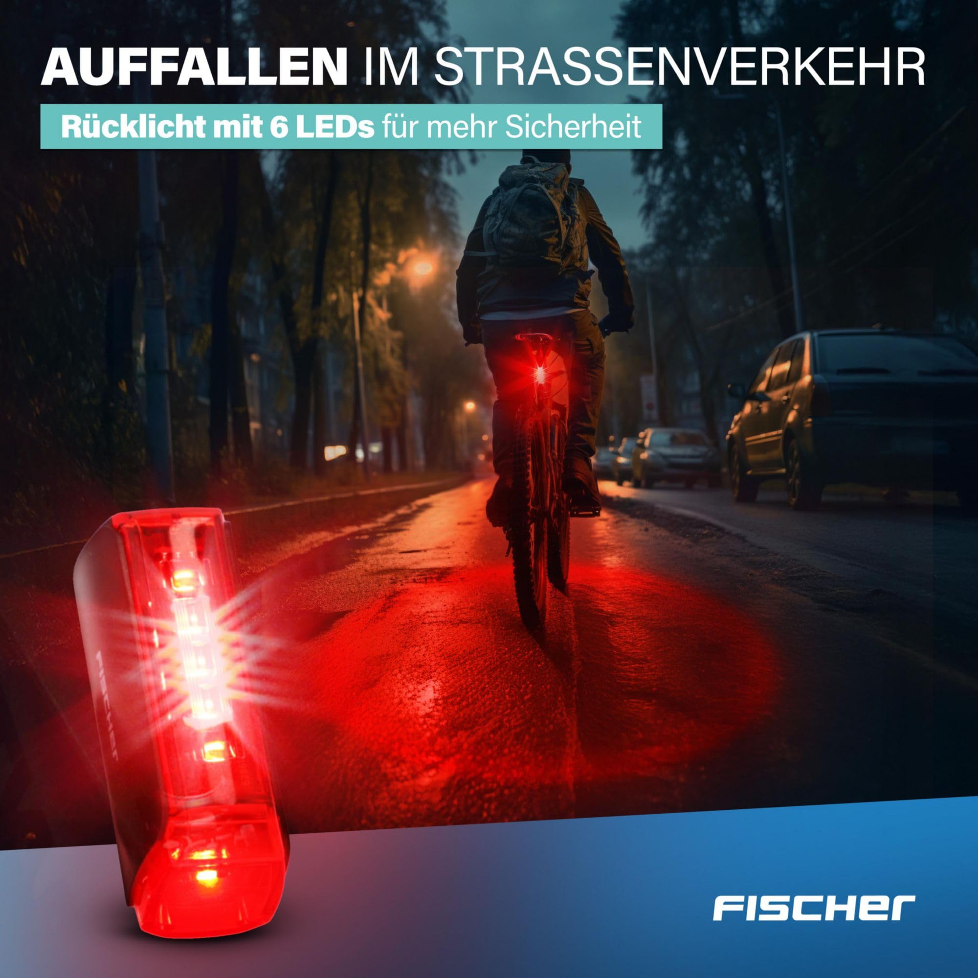 Fischer Fahrrad LED Beleuchtungs-Set Twin mit innovativer 360° Bodenleuchte für mehr Sichtbarkeit und Schutz, Frontlicht
