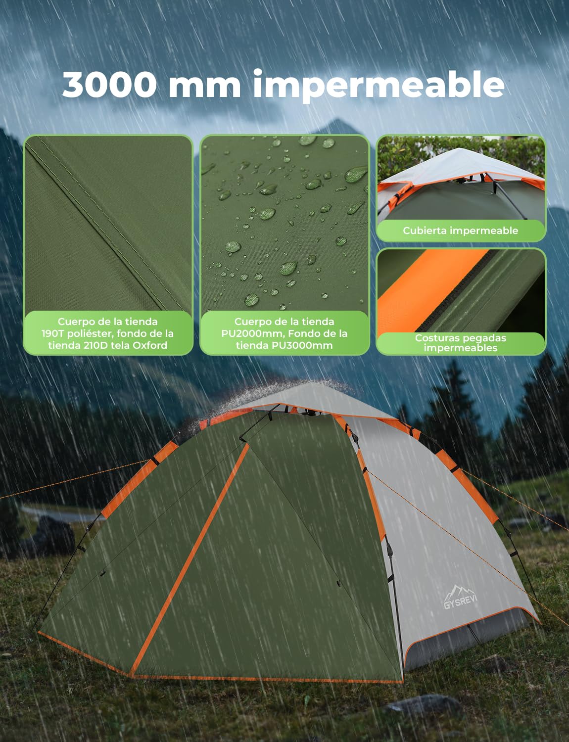 Tienda de Campaña 2-3 Personas Pop Up Instantánea 2 en 1 Doble Capa Anti Impermeable Viento