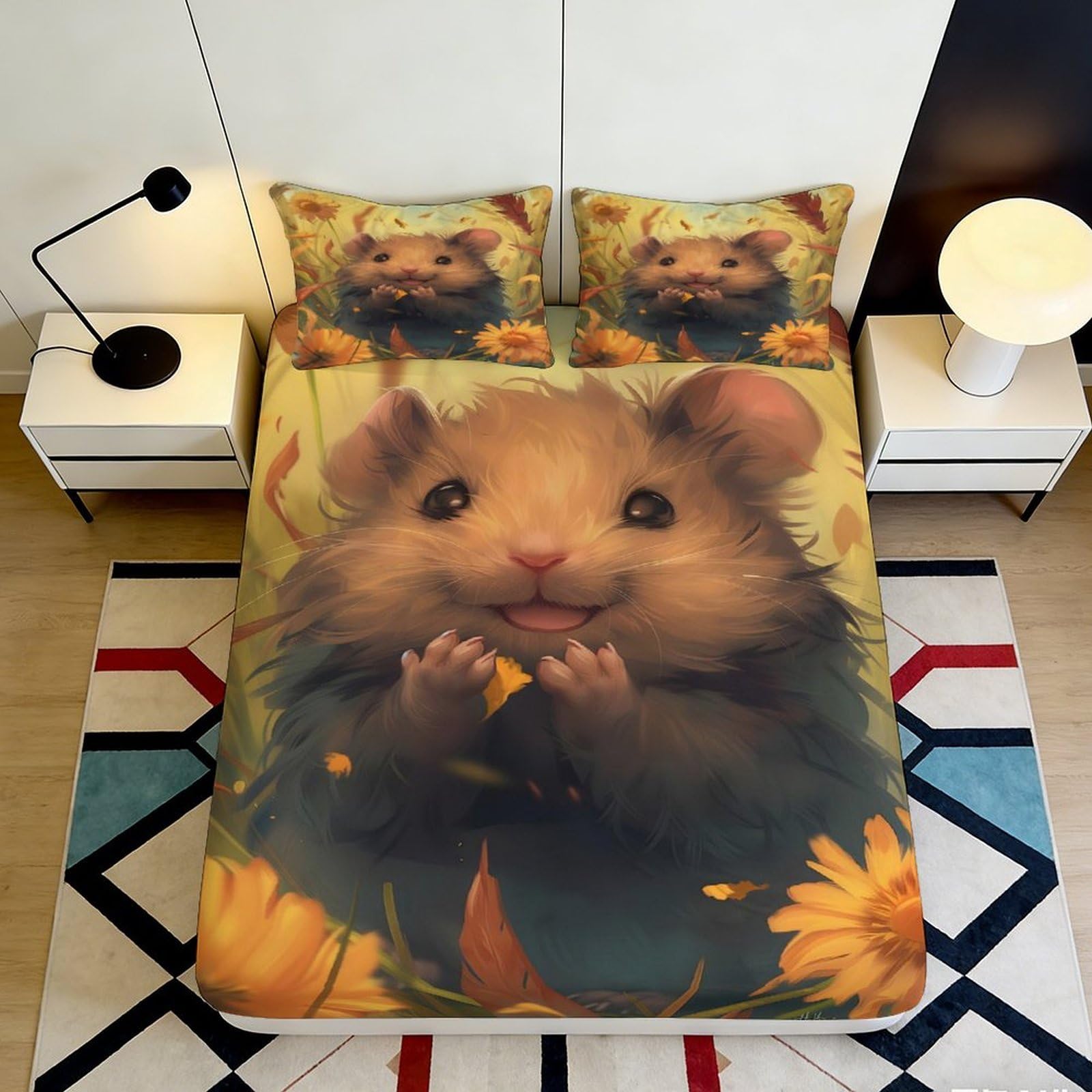 Jqzkxnhpbr Style-9 3D Printed Cute Hamster Fitted Sheet Microfiber Soft Sunflower Bed Cover For Bedroom Dorm Mattress Protection Decor 90X200x25cm