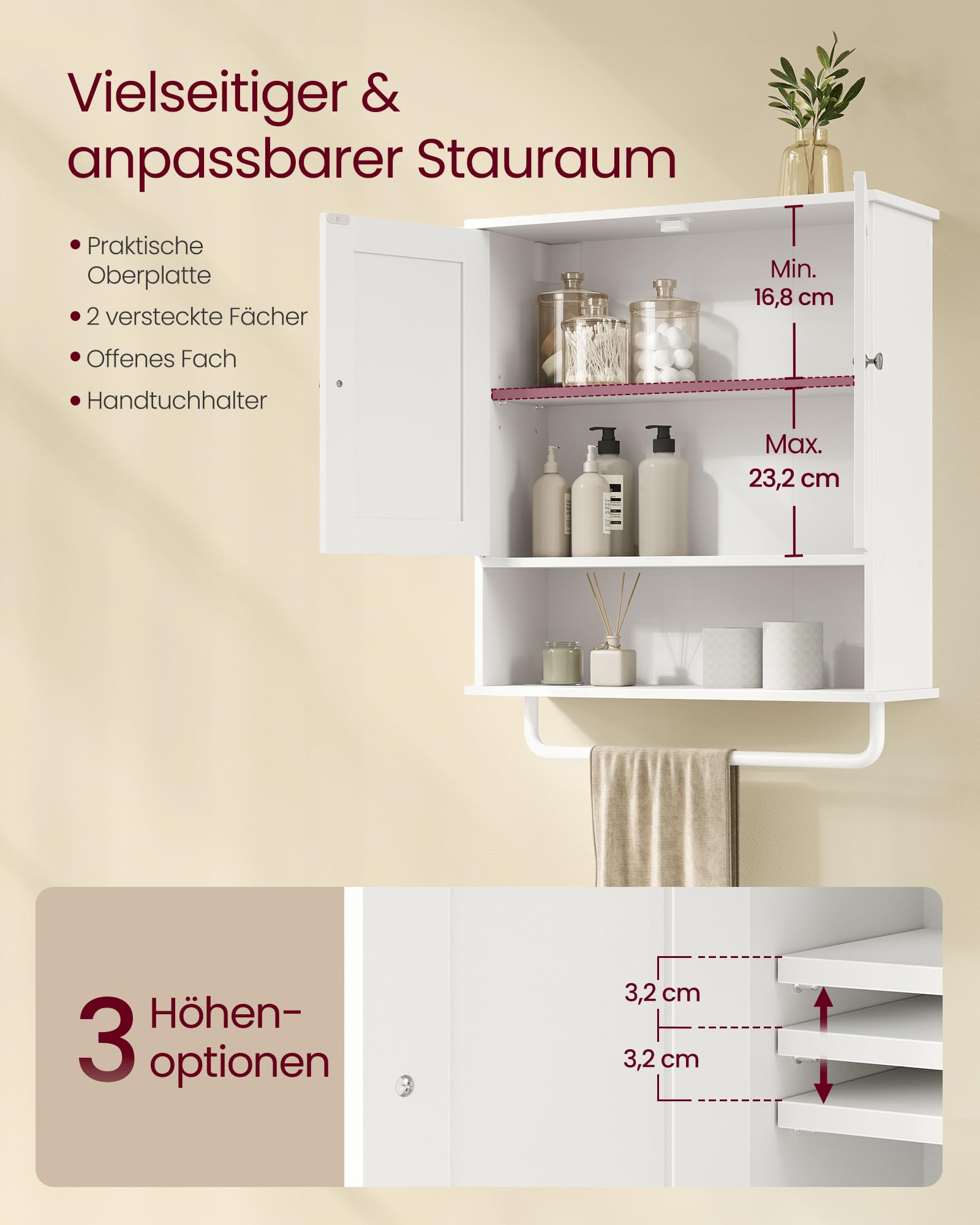 VASAGLE Hängeschrank, Badezimmerschrank mit Handtuchhalter, offenes Fach