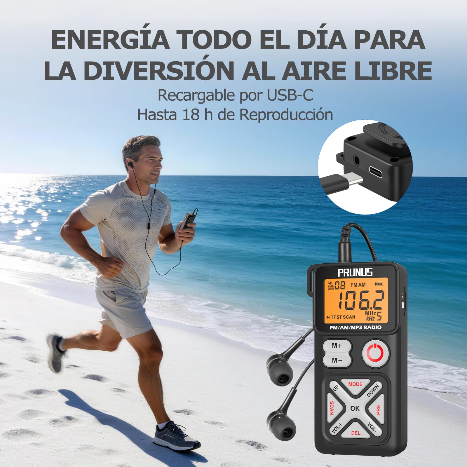 PRUNUS J-988 FM/Am Radio Digital con Preajuste Manual, Radio Portatil Pequeña con Auriculares/Ranura para Tarjeta TF, Carga USB-C, Radios de Bolsillo con Clip Trasero para Caminar, Viajar.