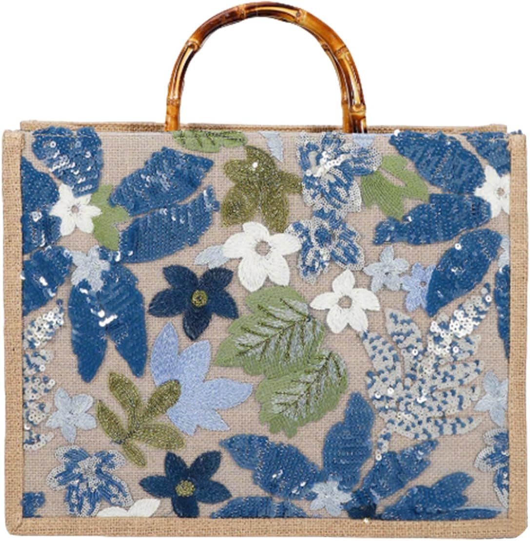 CORIOS Women Tote Handbag Bohemian Style PP Straw Linen Shoulder Bag Hobo Bag with Sequin Embroidery Summer Beach Bag
