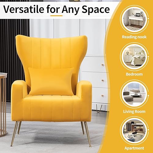 Miniatura 5 de Silla decorativa moderna de terciopelo con brazo y respaldo de ala, silla auxiliar para sala de estar y dormitorio con patas de metal dorado y