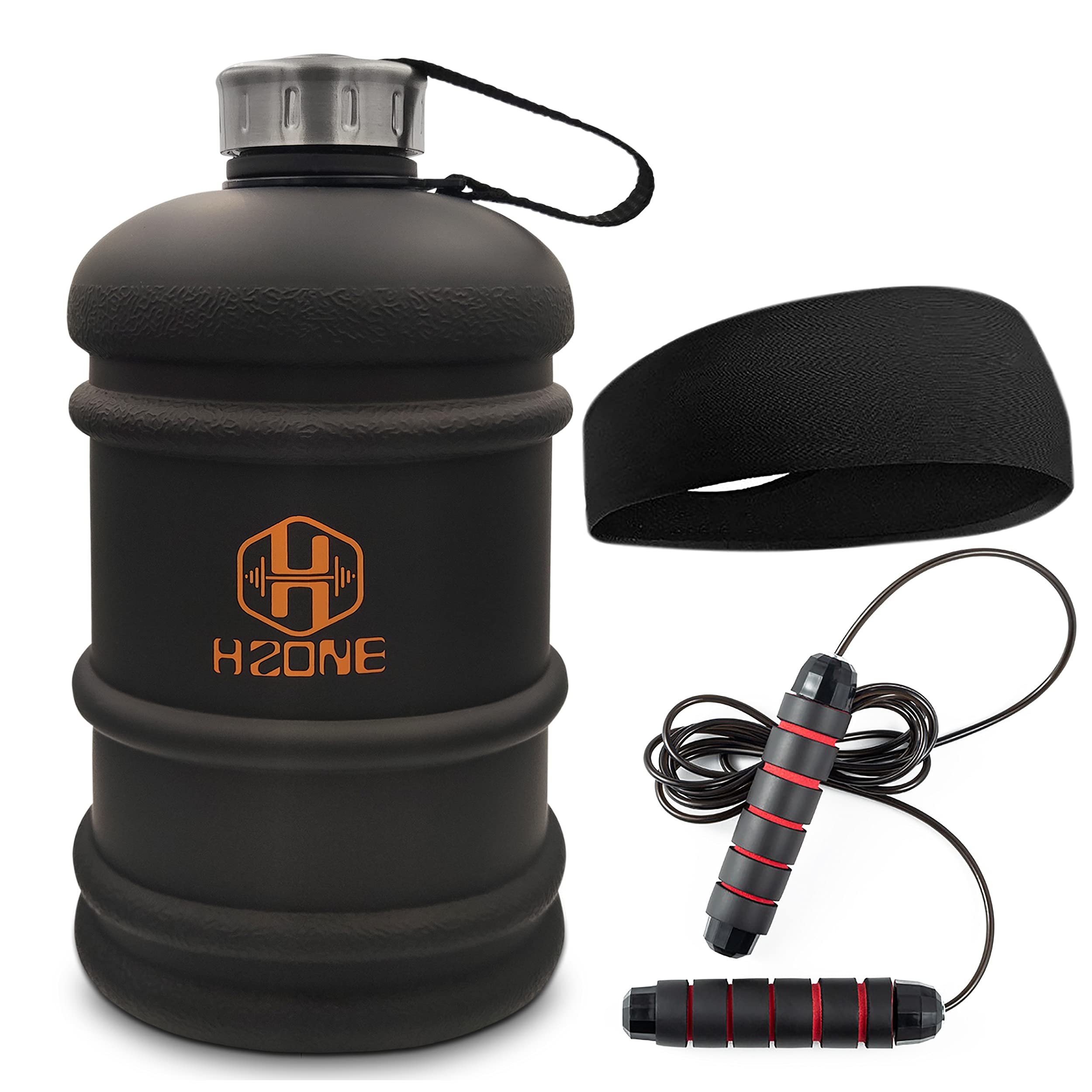 Water Bottle 2.2L, Large Leak Proof Sports Jug with Handle, Huge BPA Free Wide Mouth Drinking Container, Head Band and jumping rope for fitness indoor and outdoor sports.