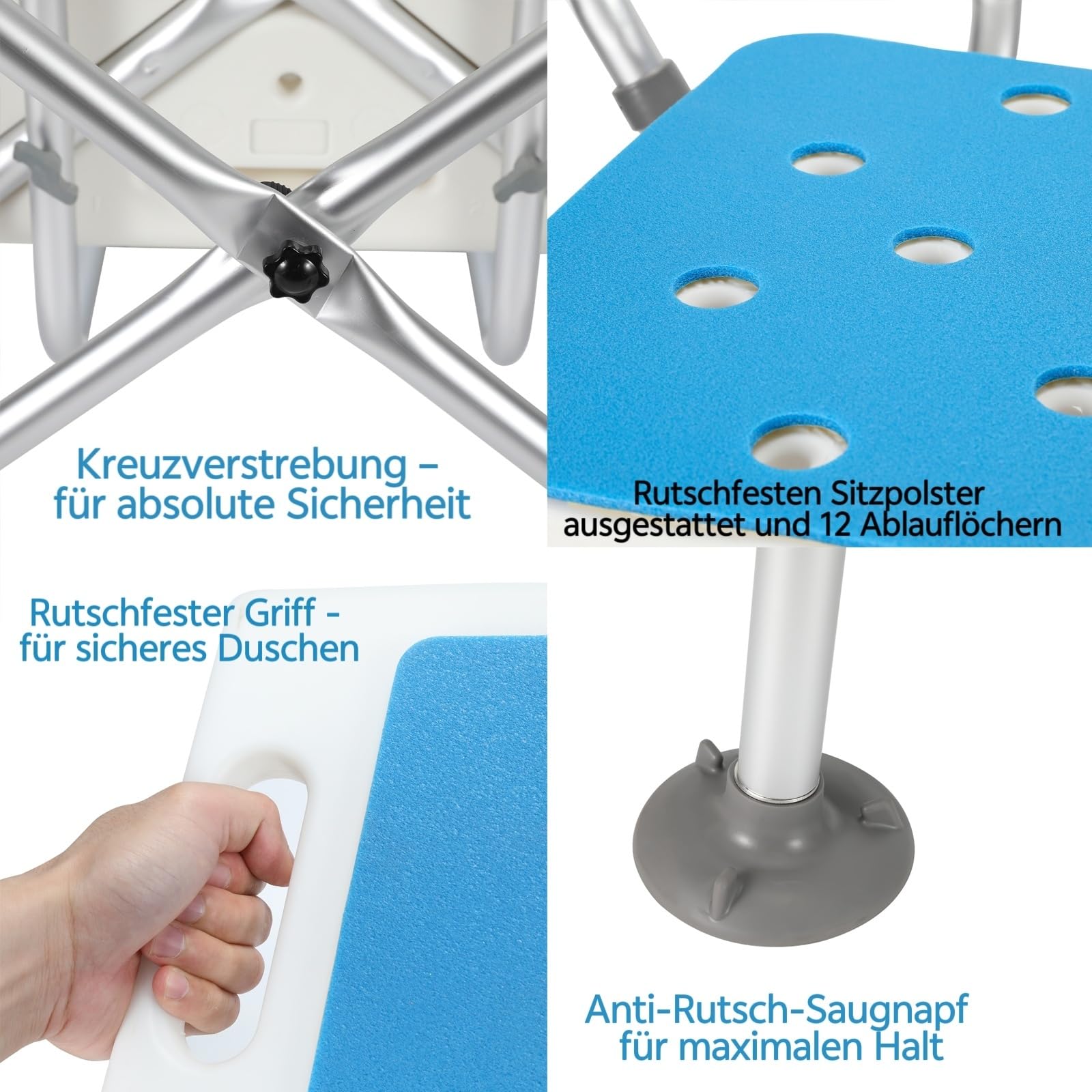 Taburete de ducha para personas mayores, altura regulable, 180 kg, silla de ducha para personas mayores, con barra transversal doble reforzada y alfombrilla antideslizante, taburete de baño