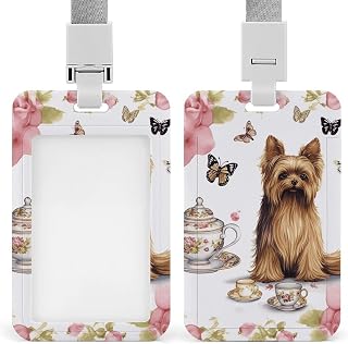 Heavy Duty Yorkshire Terrier Tea Party Butterflies Roses Badge Holder Clear Id Card Name Tag Holders with Breakaway Lanyard Waterproof Vertical Card Holder Case Gift for Teacher Nurse Doctor Office Co