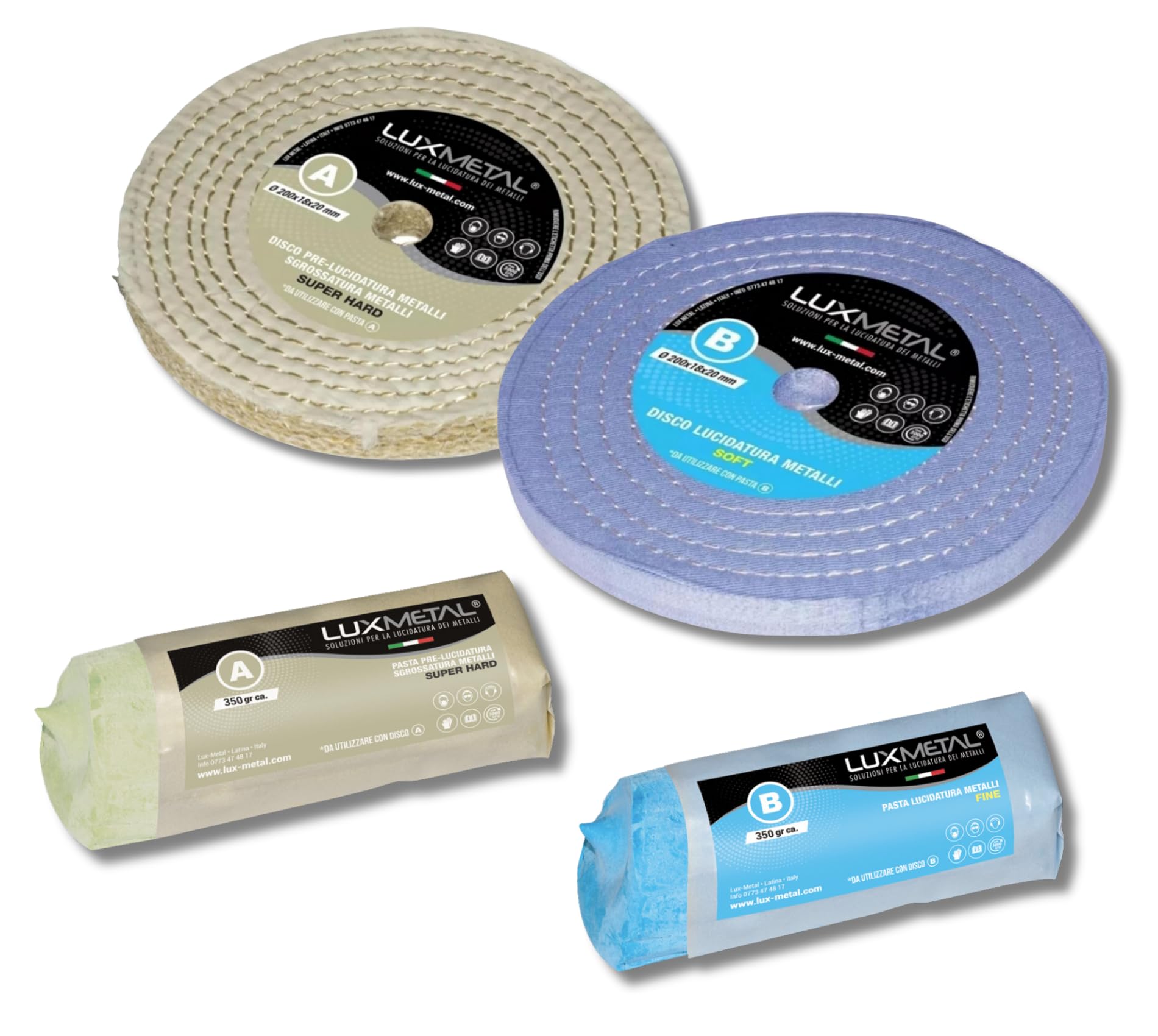 Kit de 2 discos de pulido de 200 mm y 2 pastas de pulido abrasivas de 350 g - Para pulir aluminio, hierro, acero inoxidable, bronce, mármol - Muela para pulir desbaste de metales