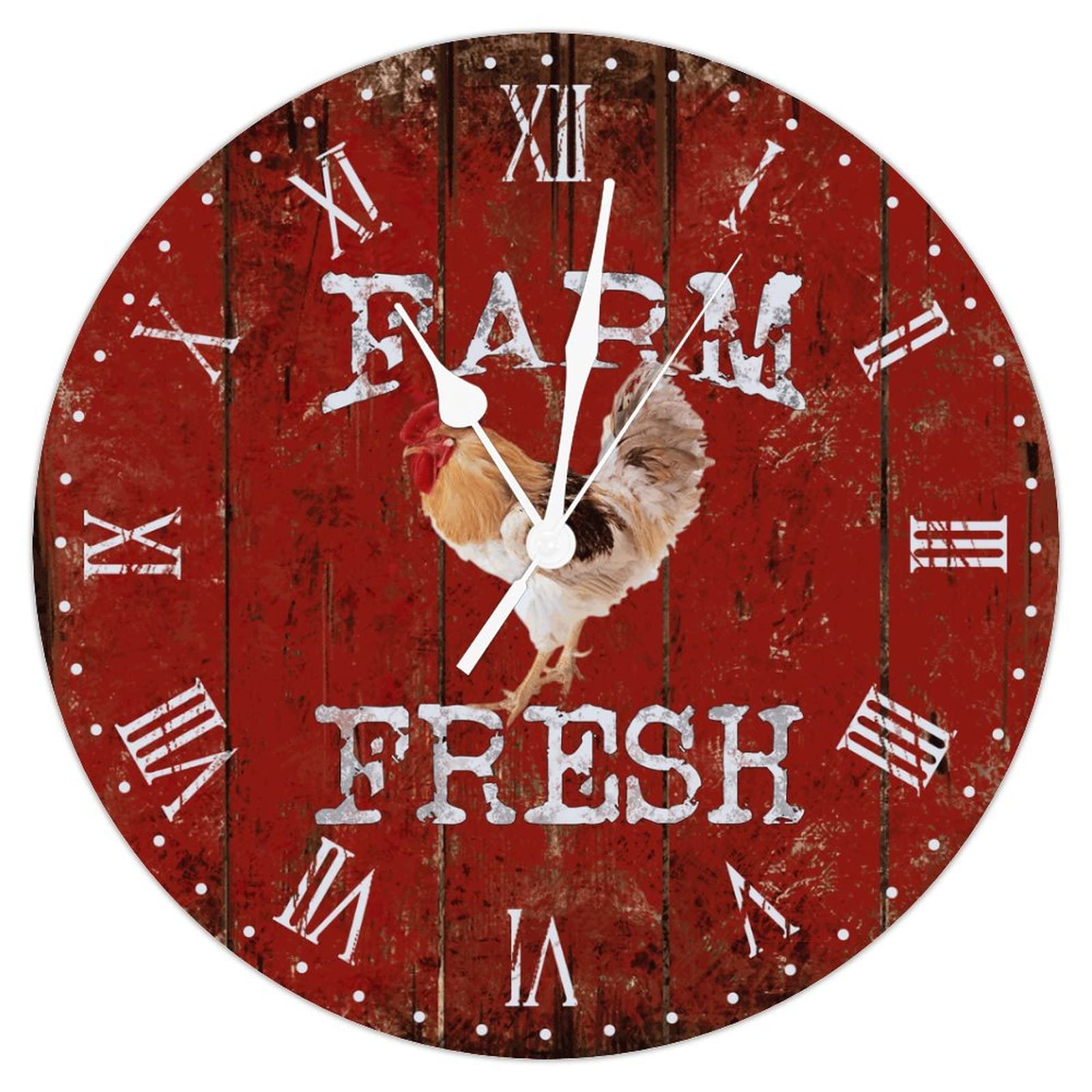 Horloge murale rustique muette et précise avec motif coq et vin de la ferme
