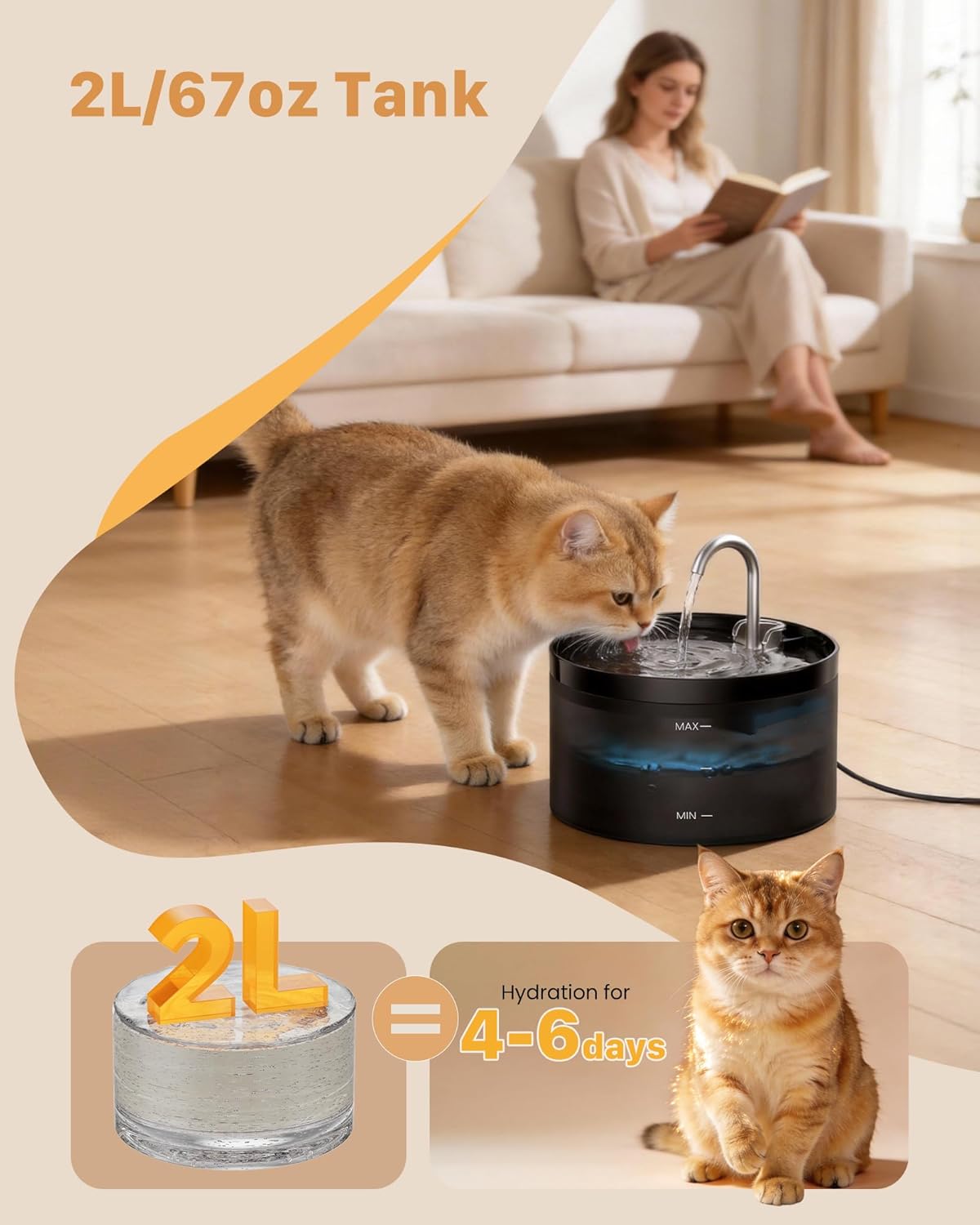 Cat Water Fountain: Dog Bowl Fountains - Automatic Pet Dispenser - Dogs Drinking Waterer Bowls Indoor - Auto Watering Dish Supplies - Easy Cleaning Animal Machine - Quiet 67oz/2L Kitty Drink Fountain - Image 7