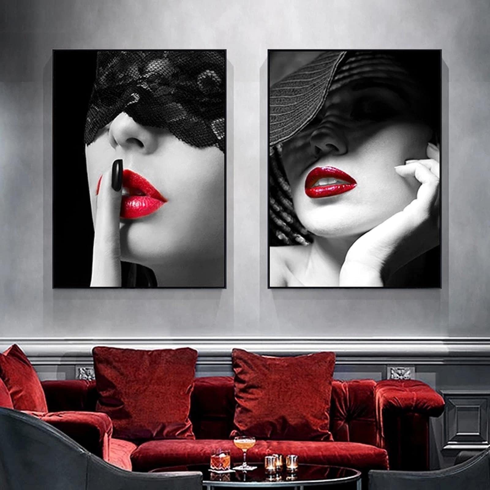 ZMFBHFBH Sexy Red Lips and Red Nails Mujer Dormitorio Decoración Lienzo Pintura Arte de la pared Carteles nórdicos e impresiones Cuadros de la pared Sala de estar 40x50cm (16x20in) x3 Con marco