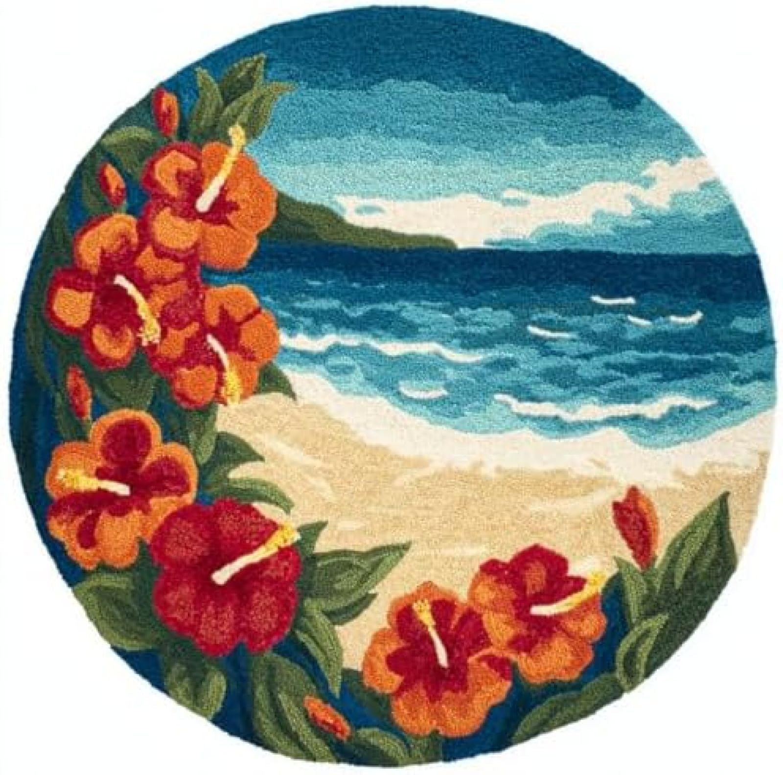 XDEGHUANGSS Latch Hook Rug Kit Trumpet Vine Flowers and Sea Backgroun Round Rug 52x52cm