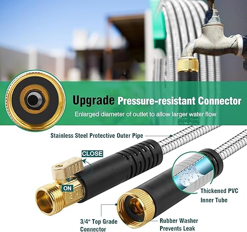 Miniatura 2 de Manguera de jardín de metal de 150 pies, manguera de agua duradera de acero inoxidable, flexible y ligera, resistente a torceduras y enredos. Con