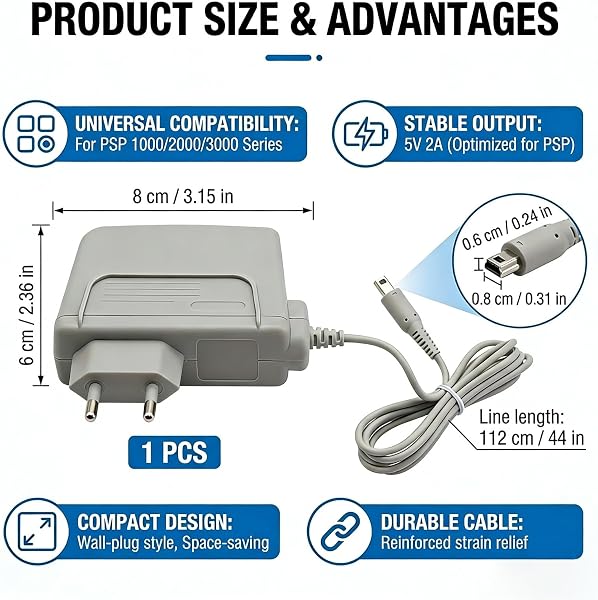 Jetstream Chargeur, compatible avec DSi/DSi XL / 2DS / 2DS XL / 3DS / 3DS XL, 100-240V, Longueur du câble : 1,1 m, Blanc - 2