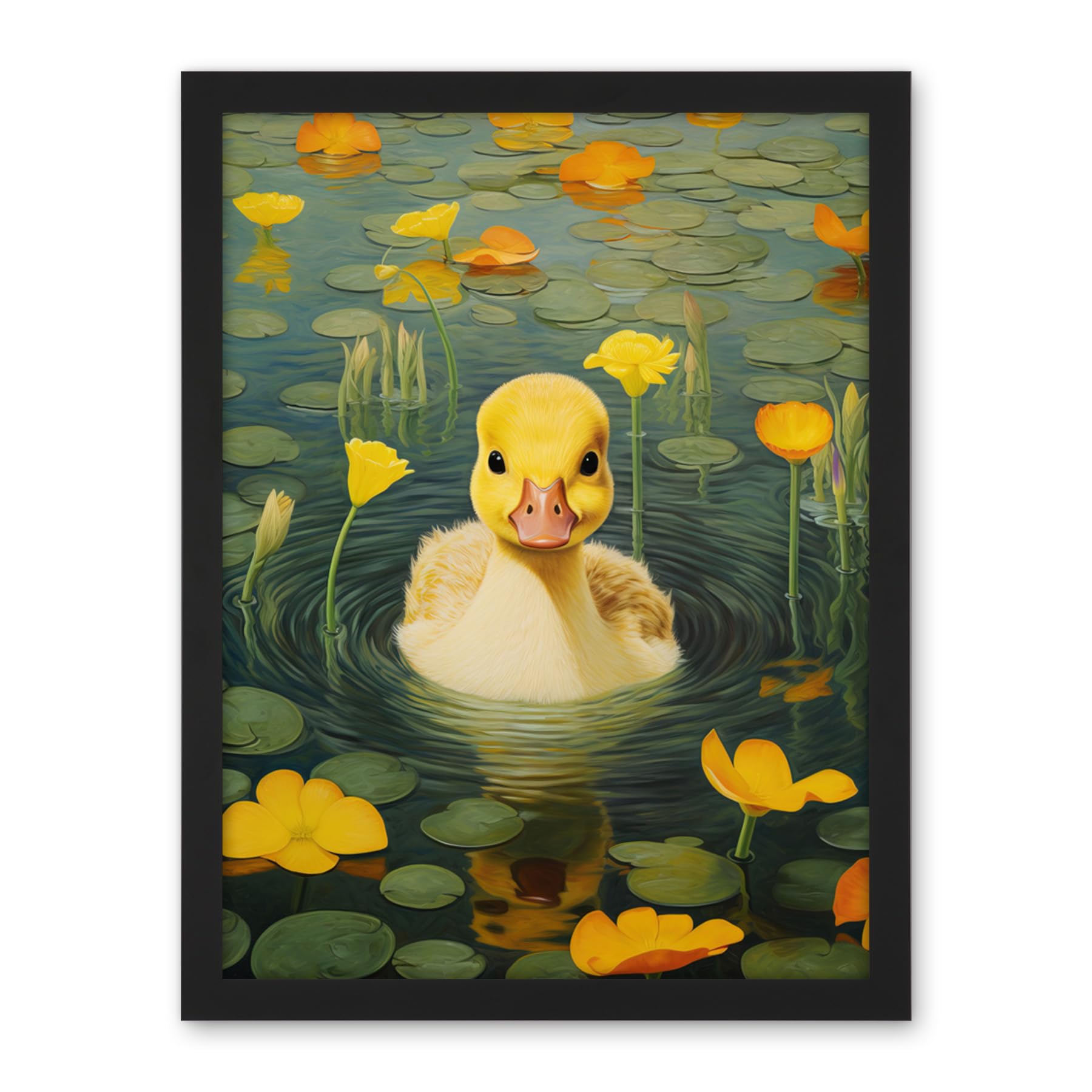 Artery8 Whirlpool Duckling Lily Pads and Flowers Kids Bedroom Nursery Artwork Framed Wall Art Print 18X24 Inch