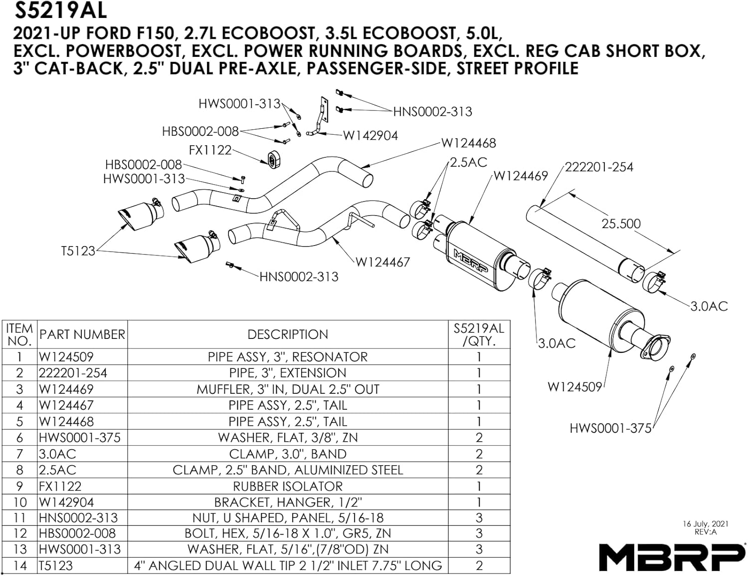 MBRP 2021+ Ford F150 Aluminized Dual Pre-Axle (Street Profile) 2.5in OD Tips 3in Cat Back Exhaust