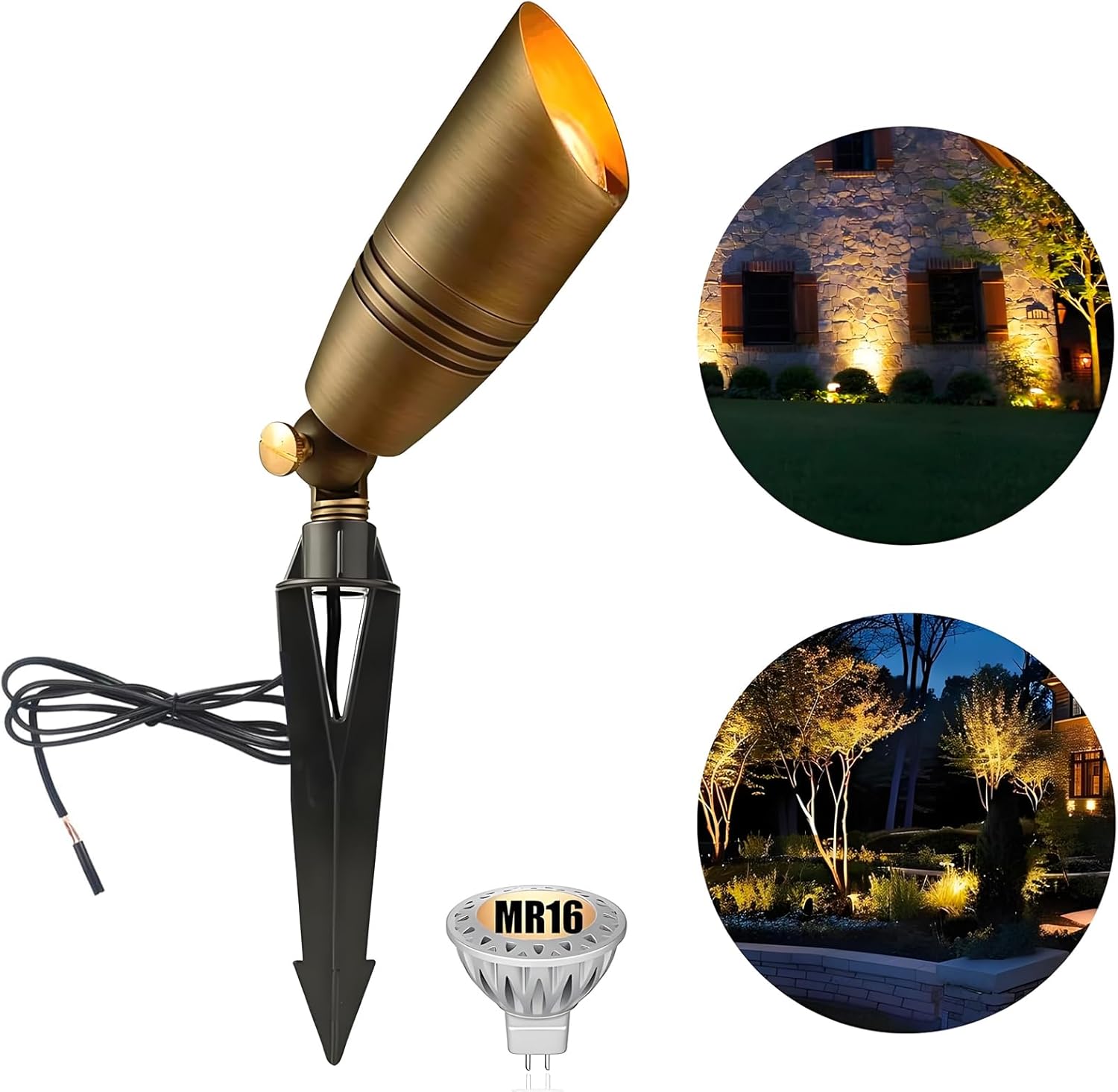 LED Brass Spotlight Uplight 12V Low Voltage Landscape Outdoor Lighting Waterproof Solid Brass Uplight Spotlight Accent Lighting Fixture Included a 12V Warm White MR16 LED Light Bulb