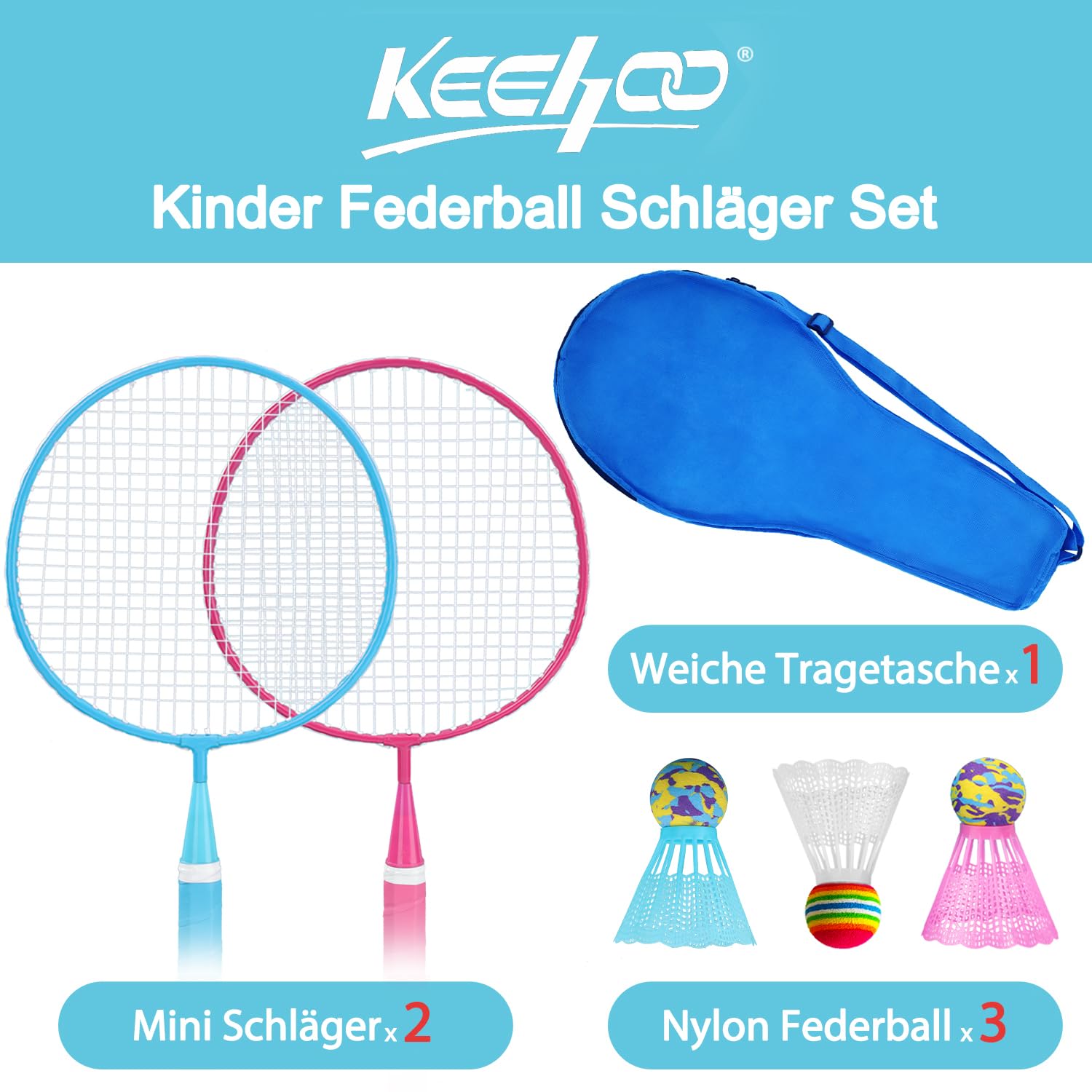 KH Ensemble de Raquettes de Badminton pour 2 à 4 Joueurs pour Adultes et Enfants, Jeux de Sport, Raquettes, Volants et Sac de Transport Inclus