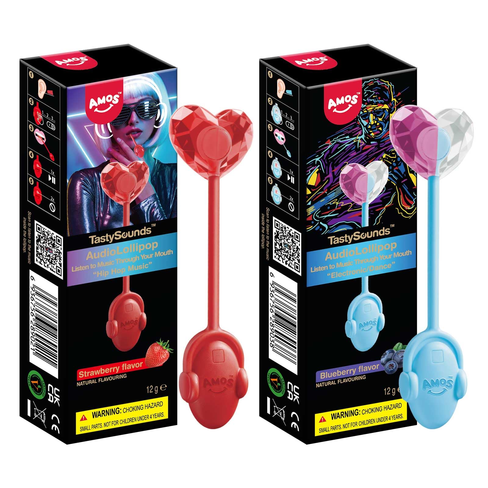 AMOS Lutscher Audio Lollipop Süssigkeiten, 1x Erdbeere & 1x Blaubeere Ostern Süßigkeiten Geschenke Musik Lollies Bonbons Süßigkeitens, Lutscher Zuckerfrei Einzeln Verpackt