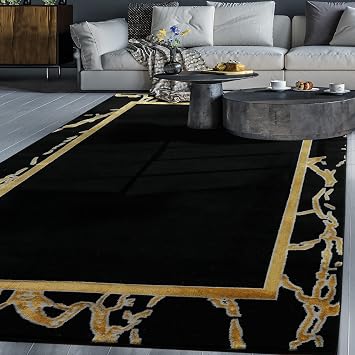 Antep Rugs Babil Gold 4x6 Marble Bordered Modern Geometric Indoor Area Rug Black, 311" x 511"