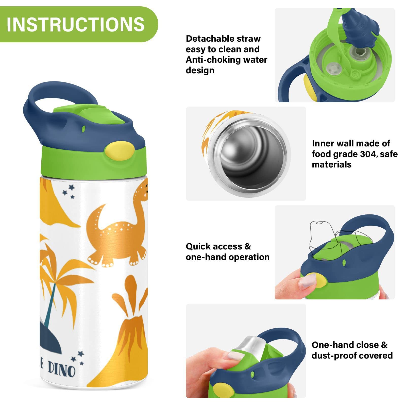 MNSRUU Dinosaurier Trinkflasche Edelstahl – 590 Ml, Isoliert, Mit Strohhalm, Für Kinder, Dino-Design