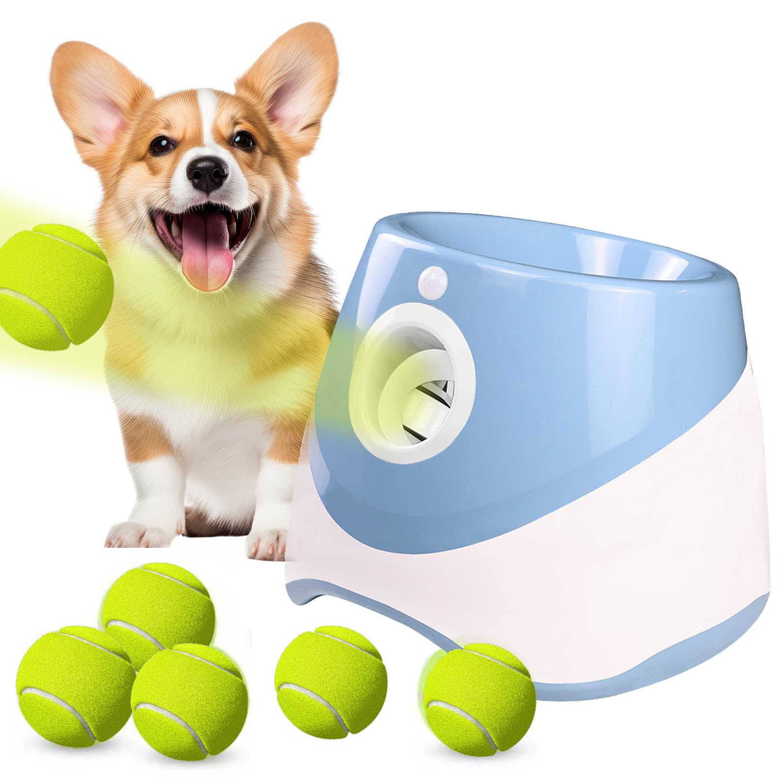 HAMON Lanceur de balles automatique pour chiens, machine à lancer des balles avec 6 balles de tennis, balle interactive pour chiens de petite et moyenne taille, portée de lancer entre 3-9 M