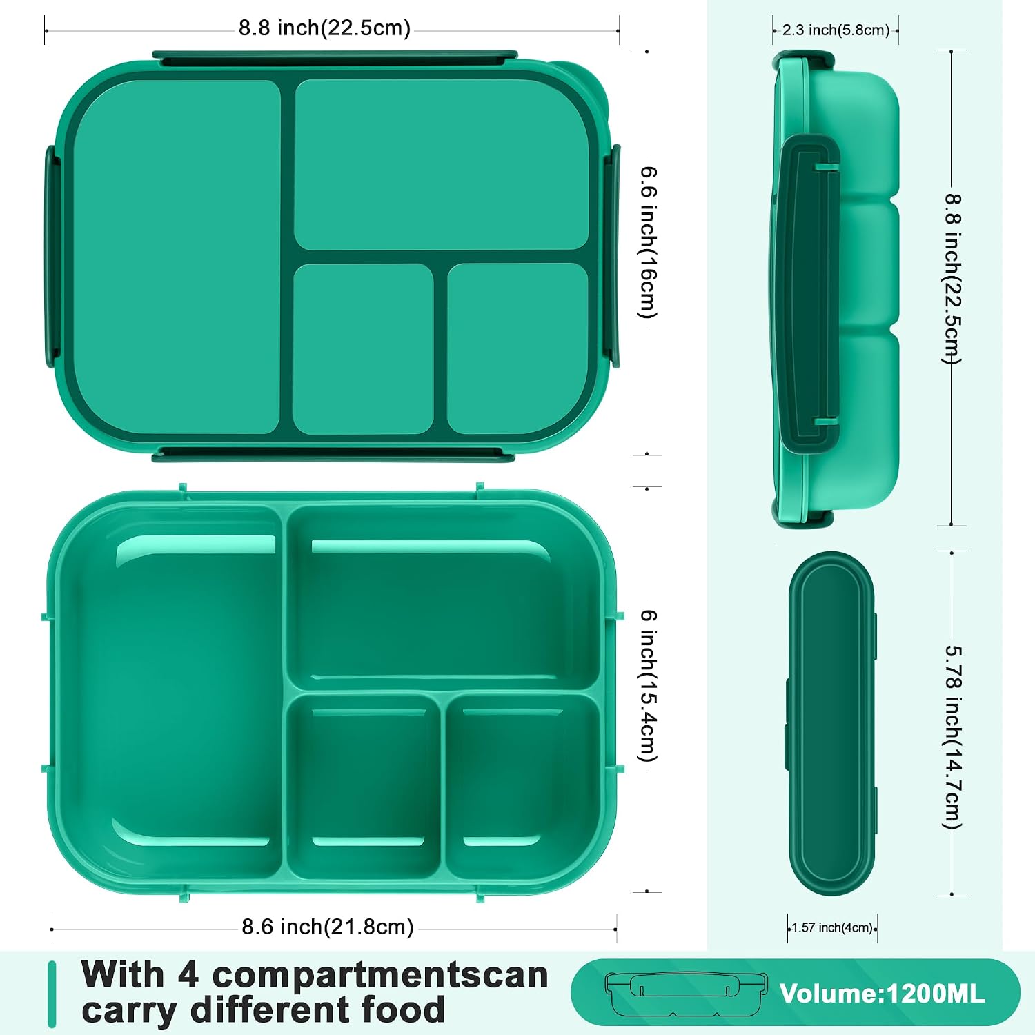 Amathley Lunch Box Kids,Bento Box Adult,Leakproof Lunch Containers for Adults/Kids/Toddler,1200ML-4 Compartments bento Lunch box with Utensil,Microwave & Dishwasher & Freezer Safe (Green) image 2