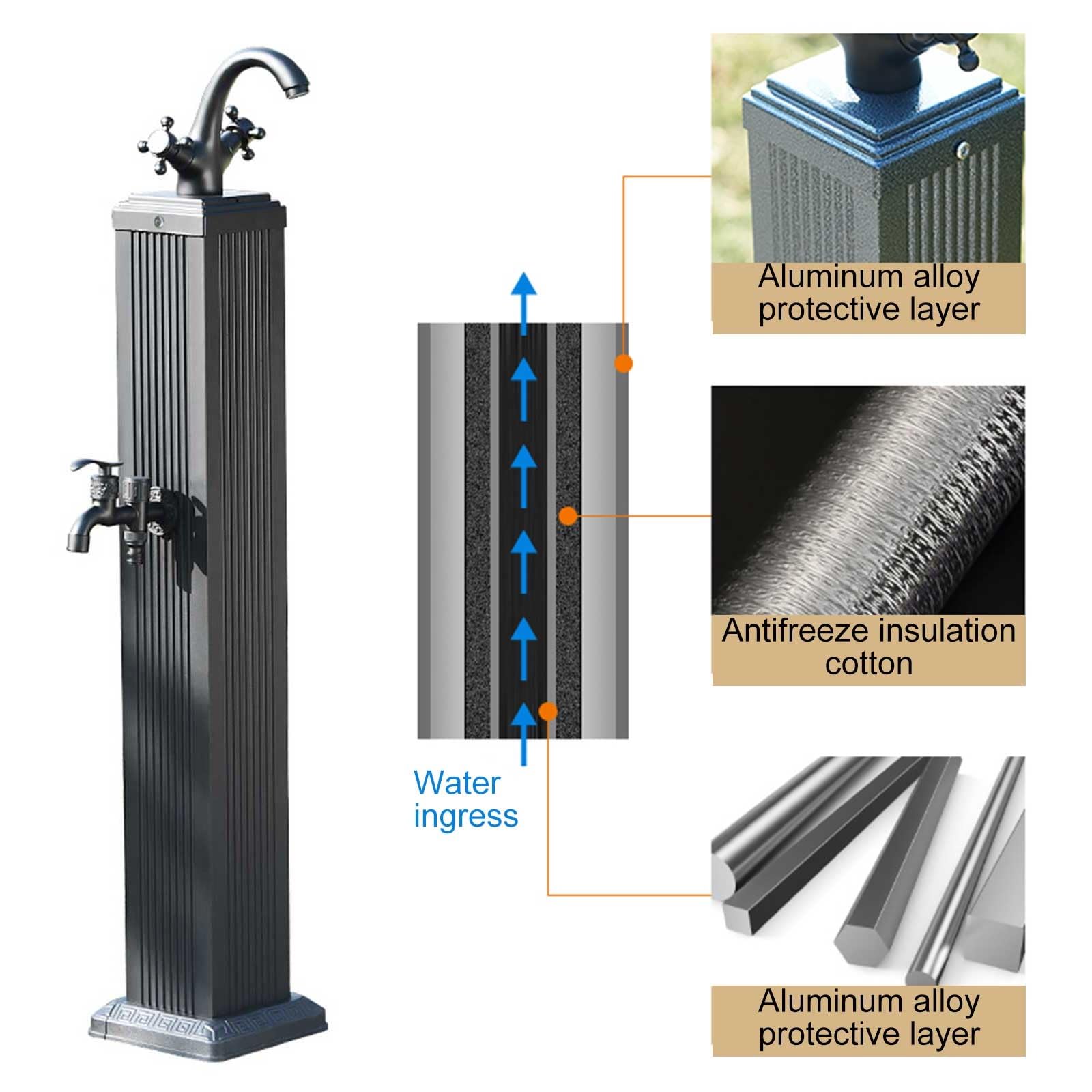 Generisch Vertikaler Gartenwasserhahn mit Frostschutzmittel, Kalt- und Warmwasseranschluss, robuste Wassersäule für Gartenbewässerung und -Reinigung – Schwarz