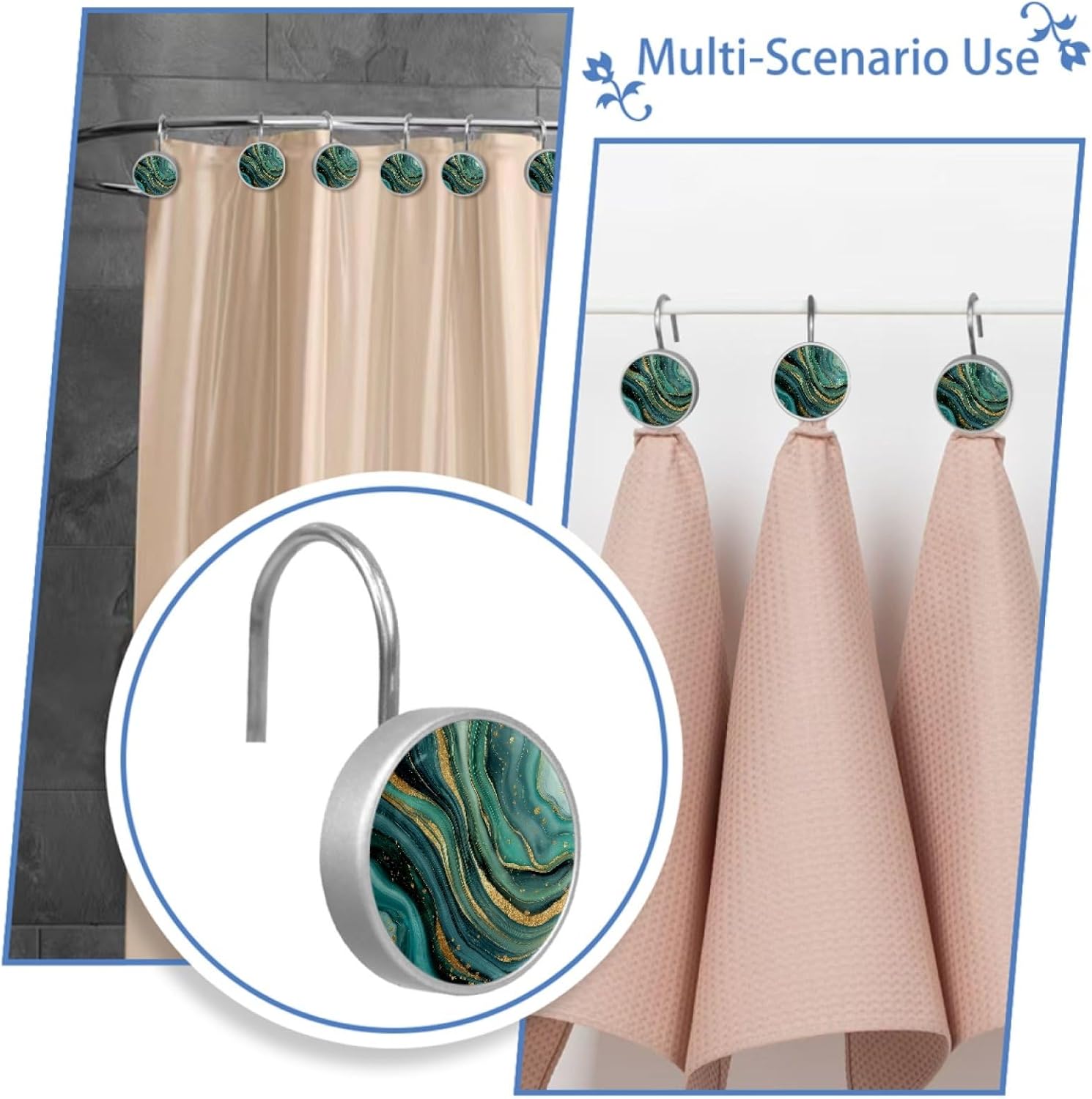 Abstract Green Marble Shower Curtain Hooks Rings, Round 12 Pcs Resin Glass Shower Curtain Hangers for Bathroom, Rust Proof Stainless Steel Shower Hooks for Shower Curtain Rod