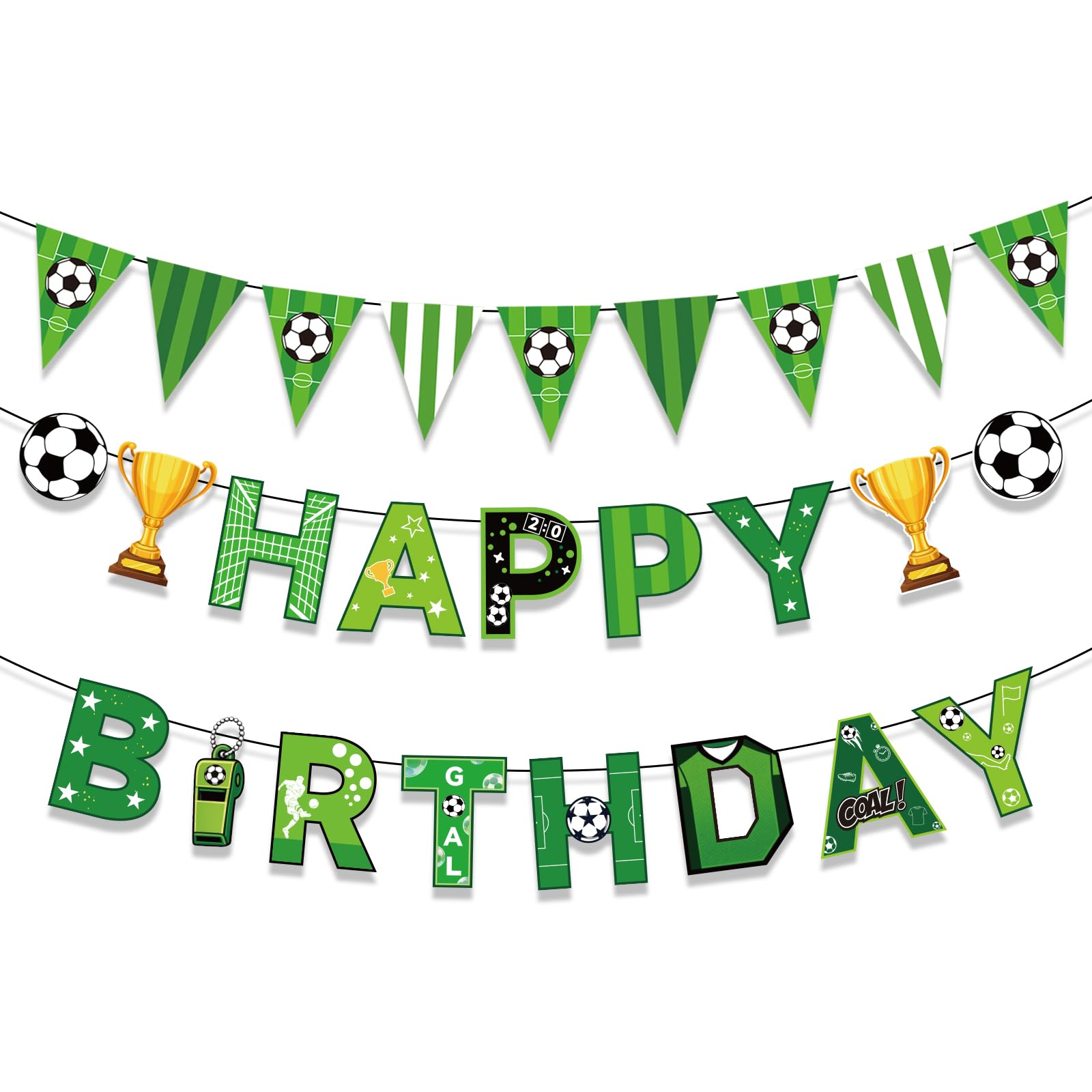 Soccer Happy Birthday Banner, Pre-Assembled Sport Football Theme Soccer Paper Garland with Pennant Flag Birthday Decorations Decor for Boys Sports Fans Party Supplies