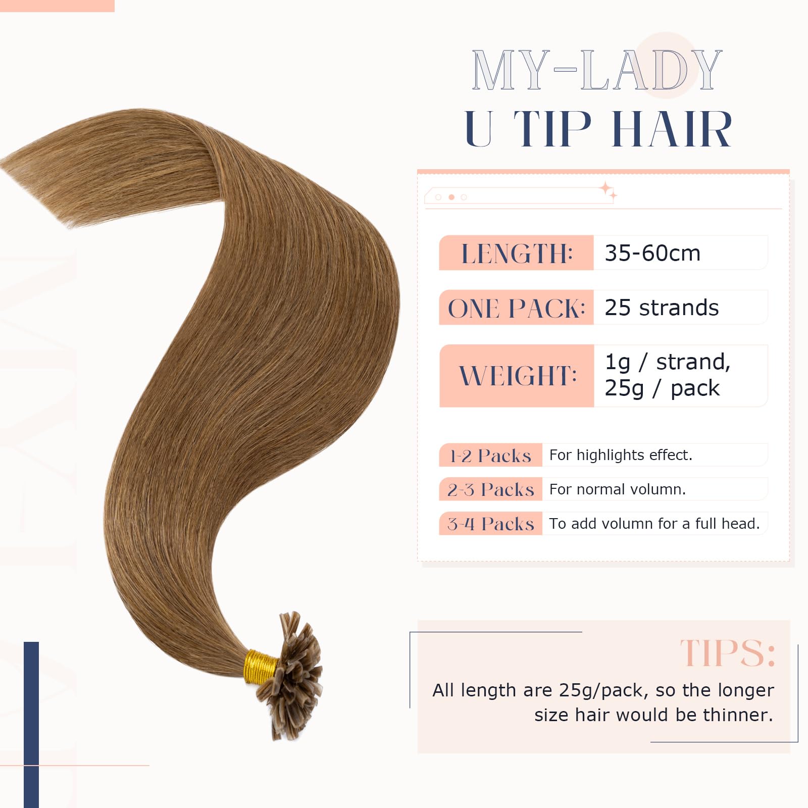 MY-LADY U Tip Hair Extensions Real Human #6 Light Brown Keratin Hair Extensions Invisible Straight K Tips Extensions for Women Natural Look 20 Inch 25g - Image 2