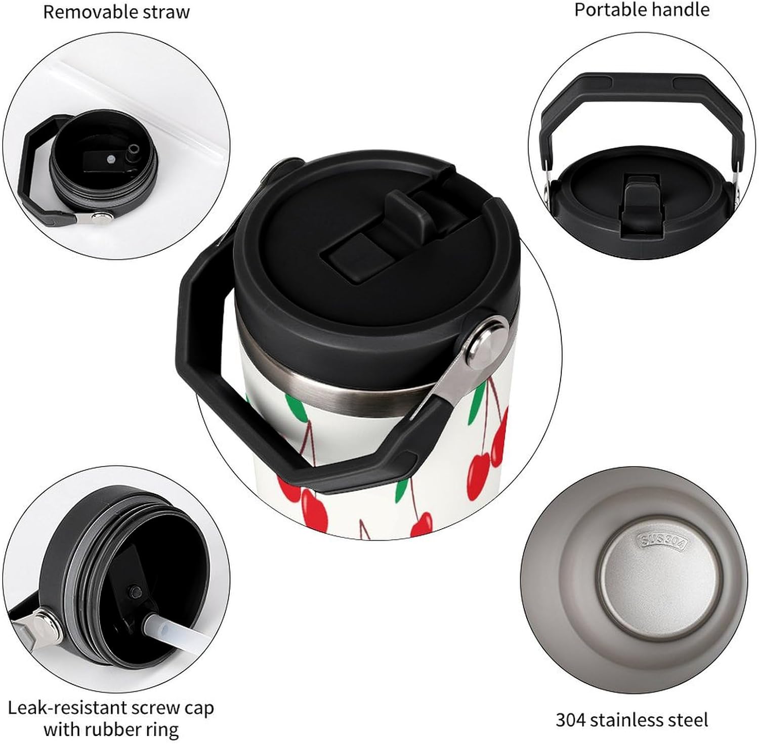 Cherry Tumbler with Handle Flip Straw Fruit 30oz Insulated Stainless Steel Cup Cute Travel Coffee Mug Water Bottle for Women - Image 7