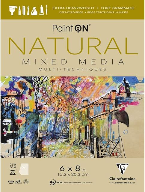 Clairefontaine - Ref 975483C - Paint'ON Mixed Media Natural Glued Pad (20 Sheets) - 15.2 x 20.3cm (6 x 8in), 250gsm Heavyweight Paper, Acid Free (USA Version)