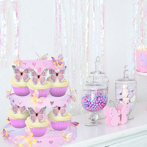Miniatura 6 de Soporte de mariposa para cupcakes, suministros de fiesta de cumpleaños, soporte redondo de 3 niveles, soporte para cupcakes color rosa, mesa de