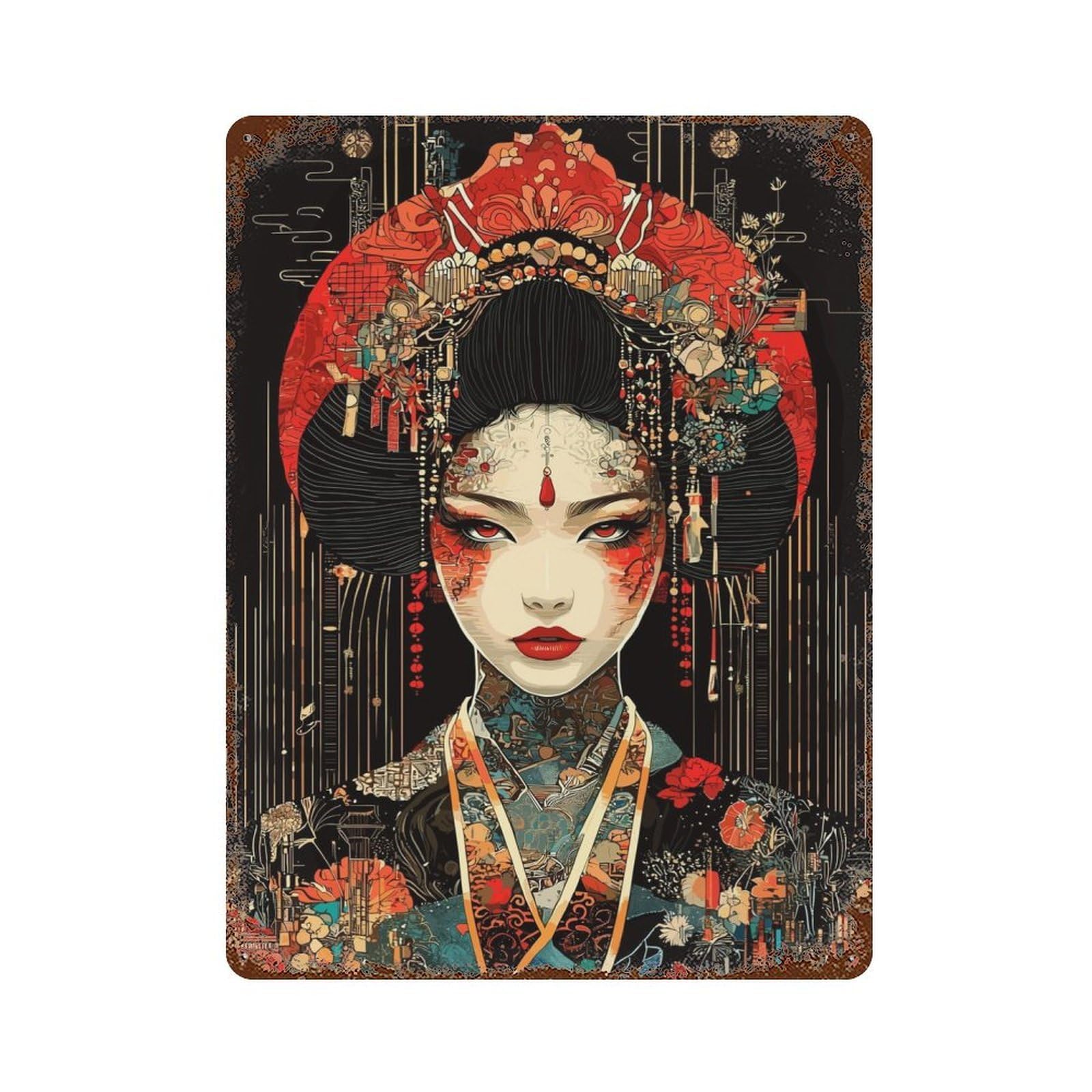 Geisha Digital Art Rusty Metal Tin Sign 15.7"x11.8", Ideal for Shed, Workshop And Garage Wall Decor