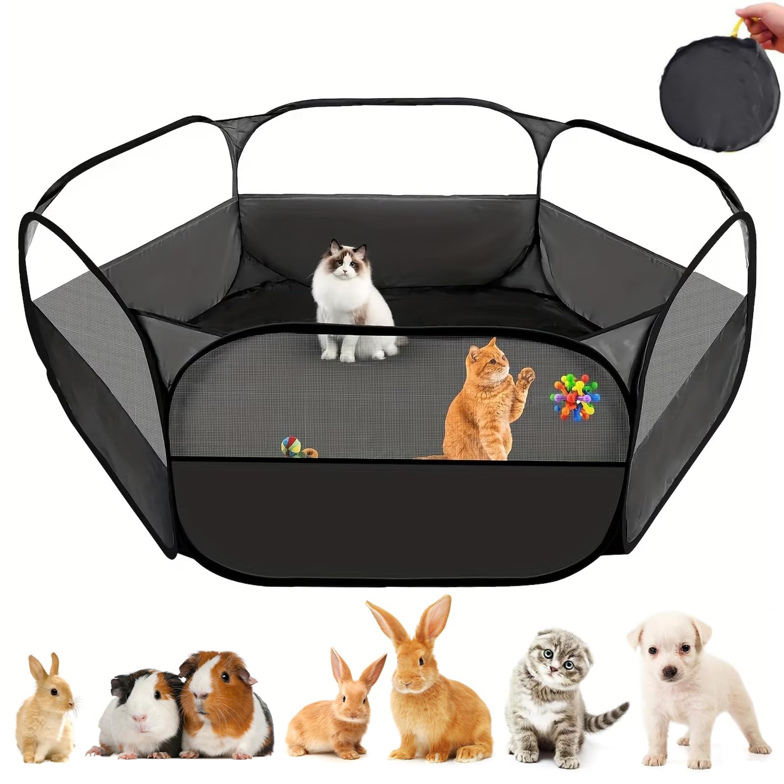 Small Animal Pet Playpen - 43.3” Waterproof Foldable Breathable & Transparent Pop up Hamster Playpen, Open Cage Tent Exercise Portable Yard Fence for Guinea Pig, Hamster, Chinchillas, Hedgehogs(Black)