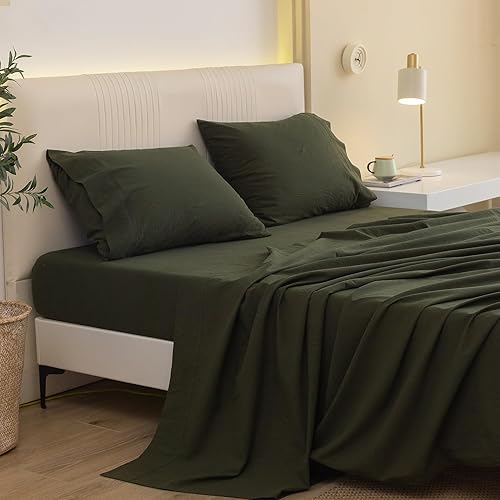 Miniatura 2 de JIYUAN Juego de sábanas 100% algodón lavado, cómodo, estilo simple, suave, transpirable, texturizado, duradero, sensación de lino para todas las