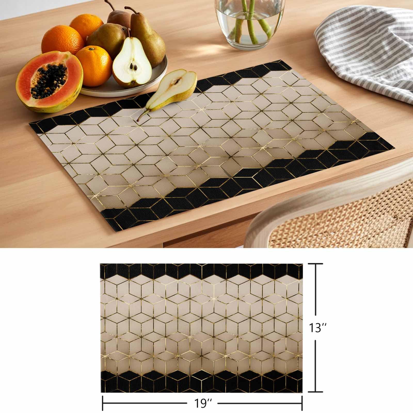 Juego de 6 manteles individuales con patrón geométrico, cubos de arte abstracto, color marrón, negro, dorado, resistentes al calor, antideslizantes, de arpillera, para mesa de comedor, cocina, fiesta,