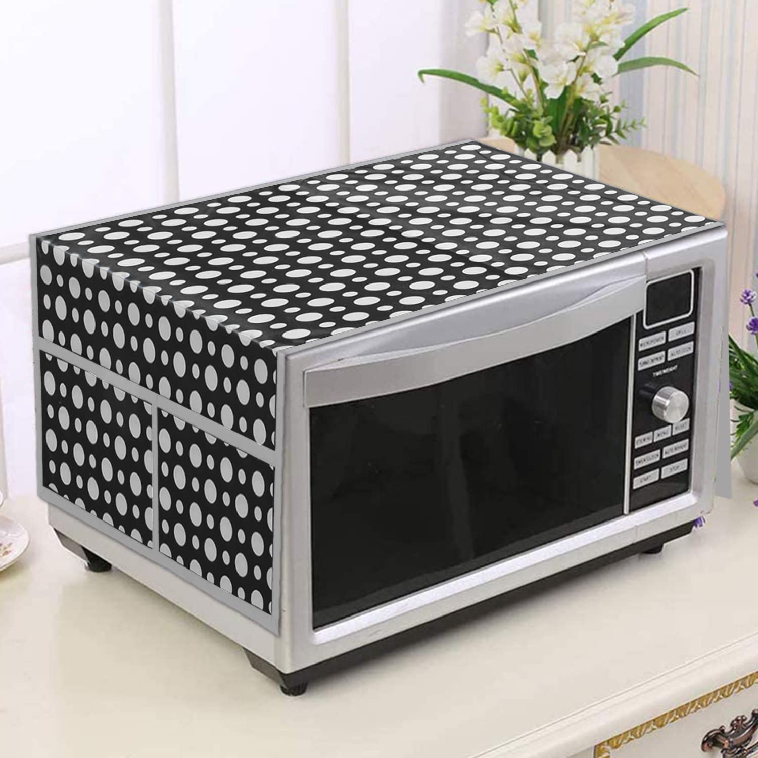 Kuber Industries Dot Printed PVC Decorative Microwave Oven Top Cover with 4 Utility Pockets (Black), Standard, (49KM0569)