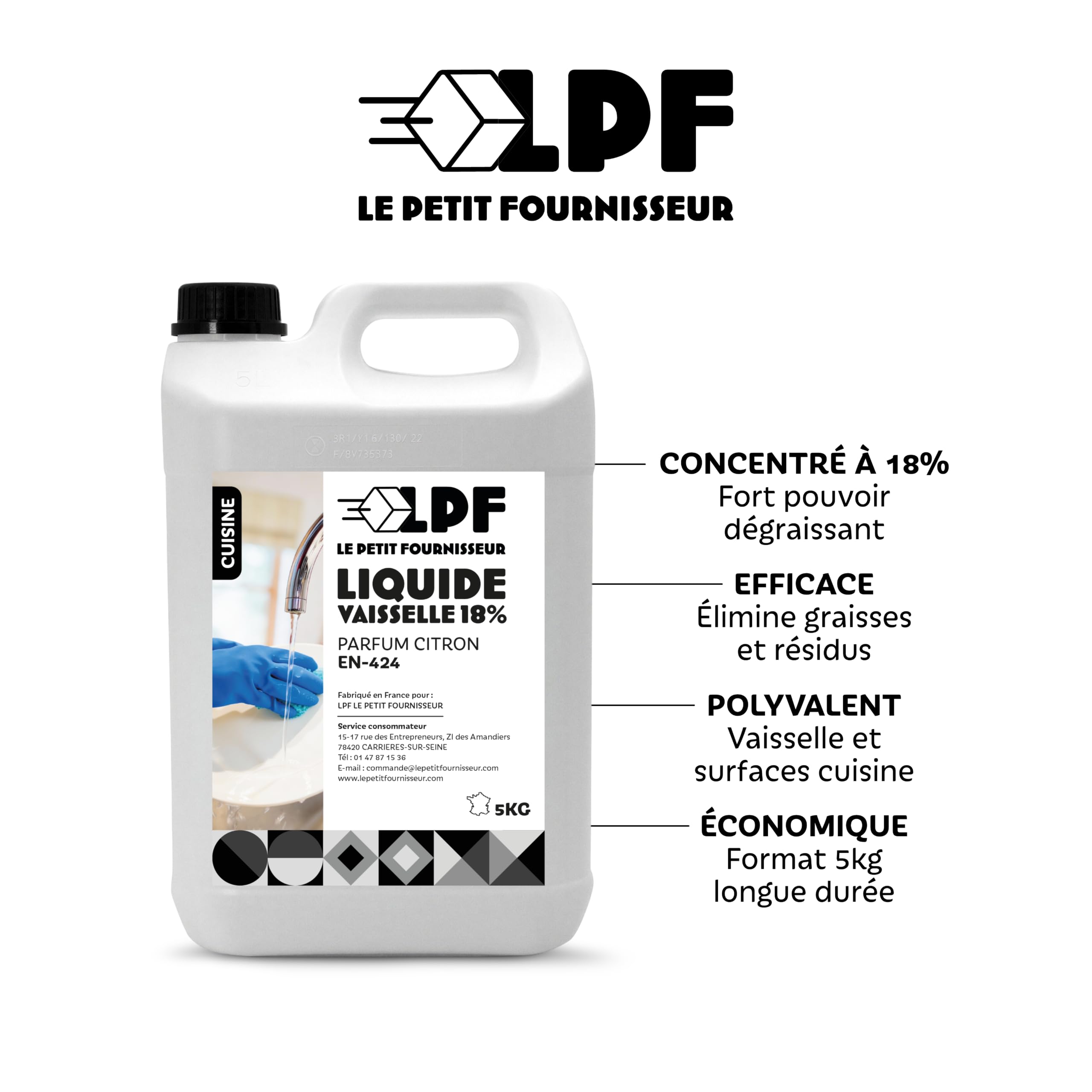 LPF LE PETIT FOURNISSEUR - Liquide Vaisselle 5L Concentré 18% Citron - Dégraissant Haute Performance Pro - Recharge Économique Vaisselle Main - Brillance Anti-Calcaire - 4 Bidons 5L