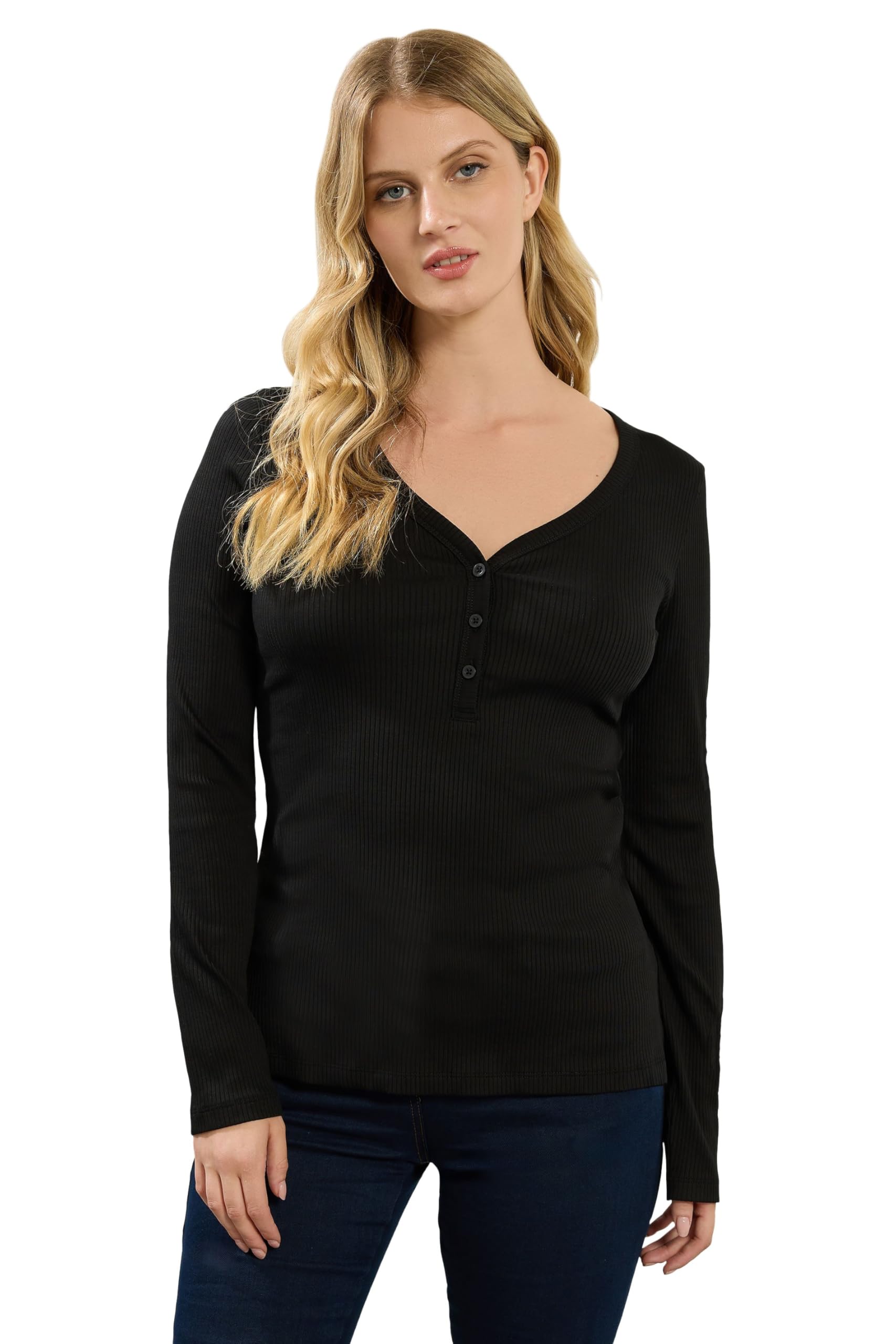 Long Tall Sally Women's Black Tall Ribbed Henley Top In | Size: 22-24