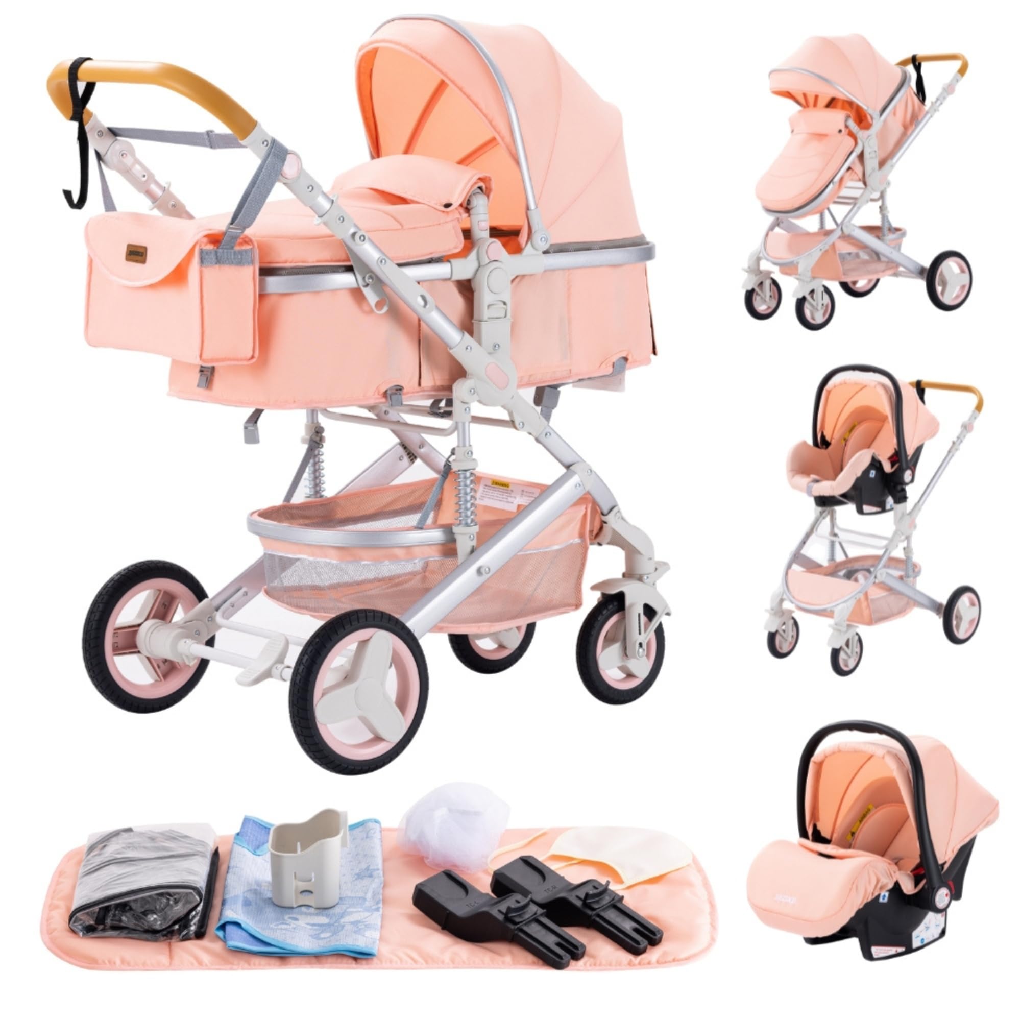 YAZOCO Pram 3 in 1, Pushchair with Height Adjustable Handle, Travel System Pram with Changing Bag, Baby Stroller with Aluminum Frame for Newborn 0-4 Years (530 Pink)