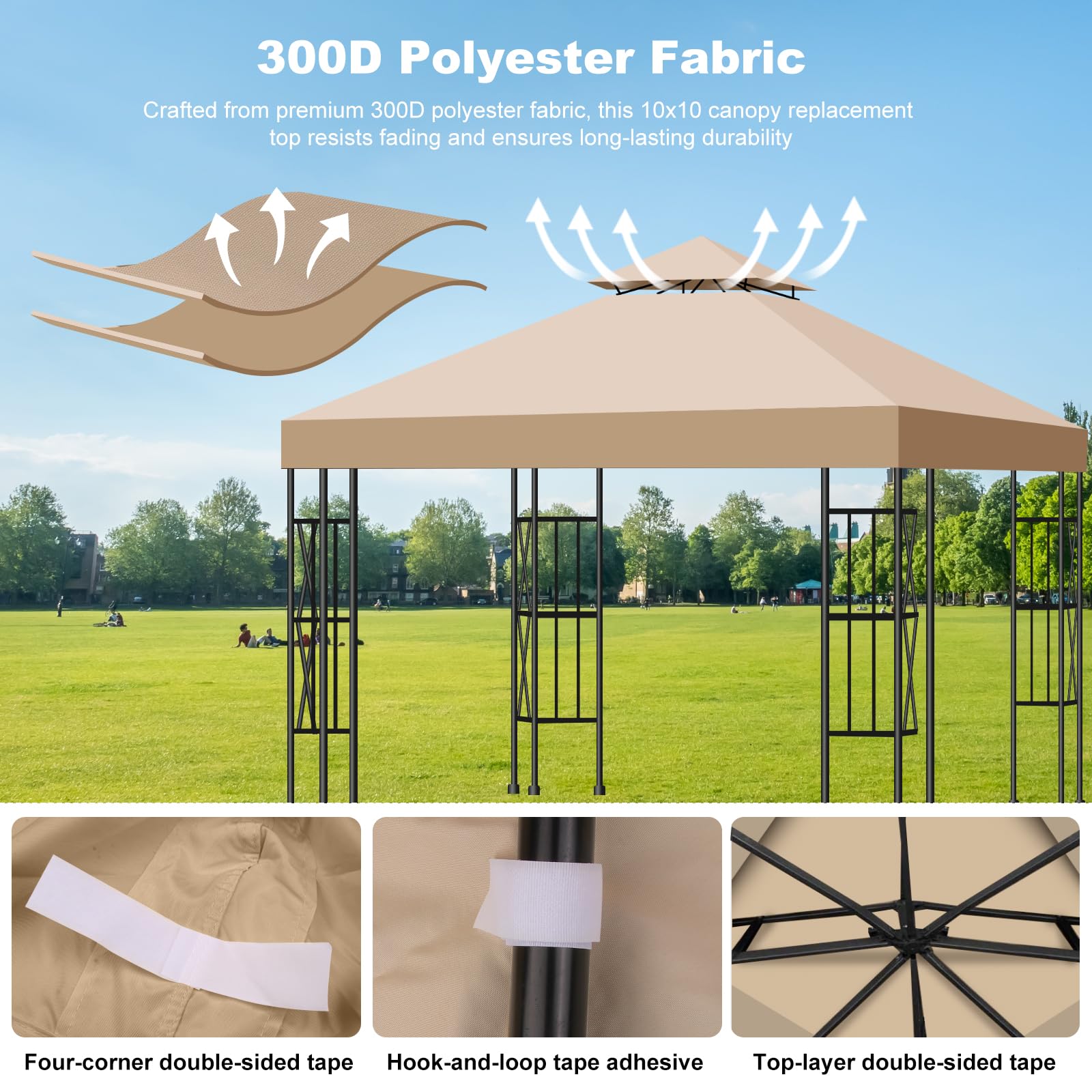 Pavillon Ersatzdach 3x3m Wasserdicht – Doppeldach mit Air Vent, UV-beständig, Winterfest, Stabil – Pavillondach Ersatzzeltdach für Garten, Camping, Grillen (300D Polyester), Khaki