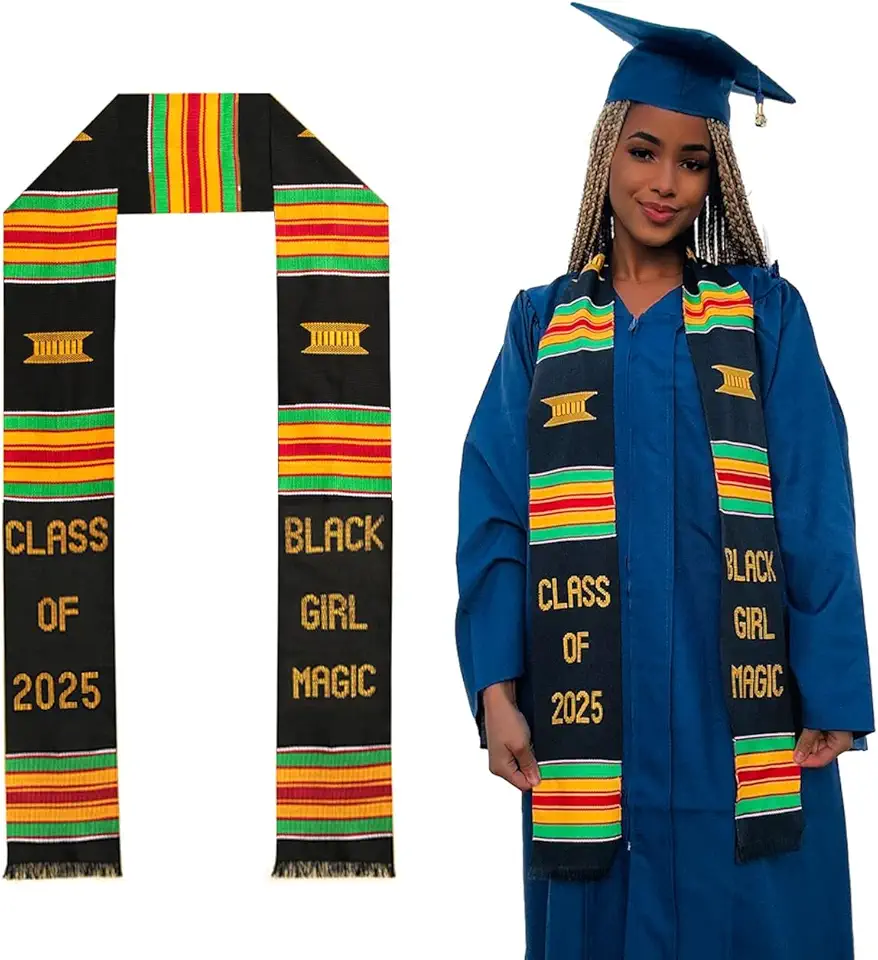 Kente Queens Black Girl Magic Kente Graduation Stole 2025 | Authentic African Art Kente Stole | Bold Patterns and Vibrant Colors 72"x4.5"