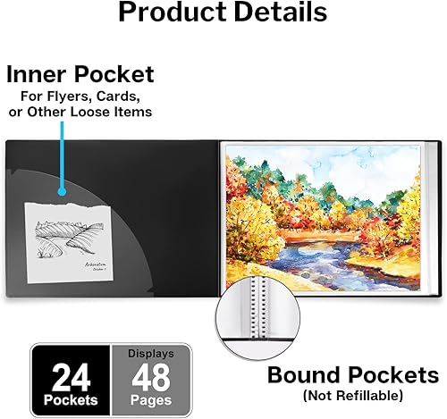 Miniatura 3 de Dunwell Libro de presentación horizontal de 9 x 12 pulgadas, (negro, horizontal), carpeta de 24 bolsillos con fundas de plástico, muestra 48 páginas