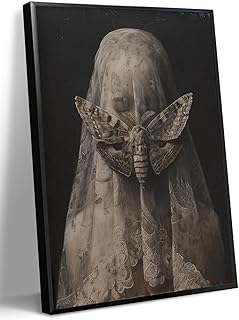 WOKAOGO Black Framed Wall Art Veiled Woman with Moth Wall Art Dark Academia Canvas Art Gothic Pictures Vintage Paintings Victorian Prints Moody Artwork