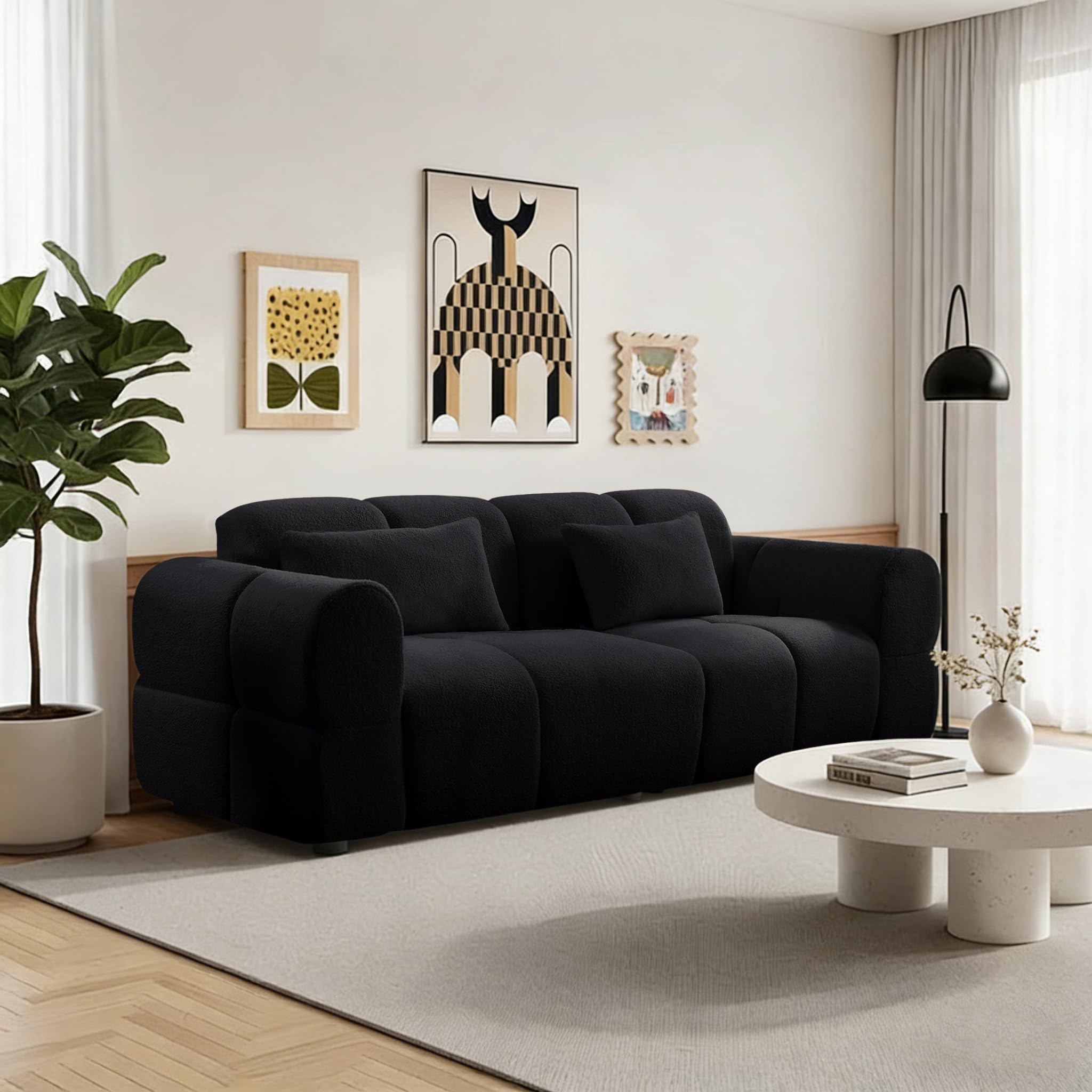 80" Modern Sofa Couch, Comfy Deep Seat Teddy Cloud Sofa, Upholstered 3-Seater Boucle Couch, Oversized Loveseat for Living Room, Bedroom, Office, Apartment(Black)
