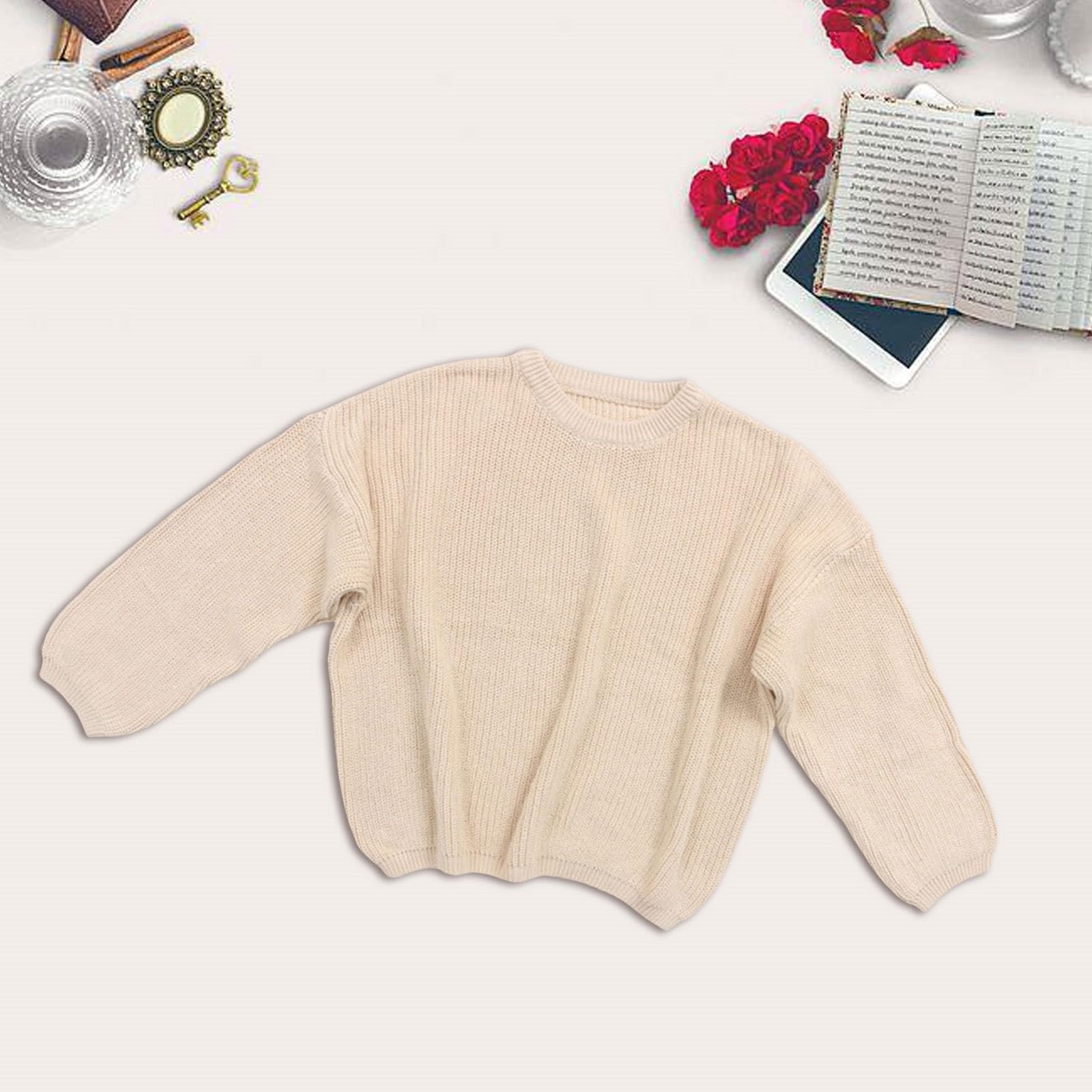 RNTOP Toddler Baby Boys Girls Knitted Sweater Solid Color Pullover Long Sleeve Warm Sweatshirt (Beige, 12-18 Months) j1212r
