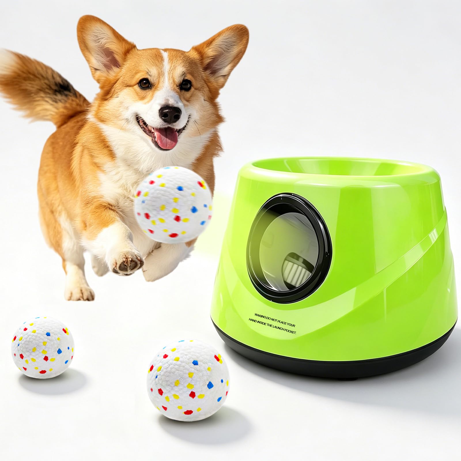 Lanzador de bolas para perros, lanzador automático de bolas para perros, juguetes interactivos para perros pequeños y medianos (interior/exterior), incluye 3 bolas ETPU, lanzador de bolas con 3