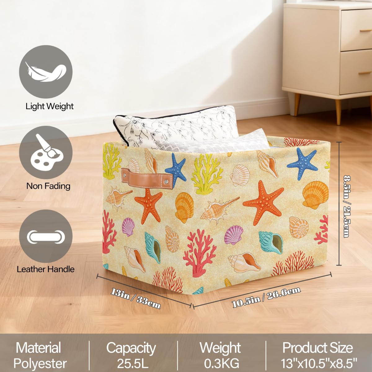 Rechteckiger Aufbewahrungskorb mit Ledergriffen, Cartoon-Sommer-Strand-Motiv, 2 Stück, faltbarer Stoff-Aufbewahrungskorb für Schrank, Badezimmer, Wohnzimmer, Büro, Spielzeug, Organizer